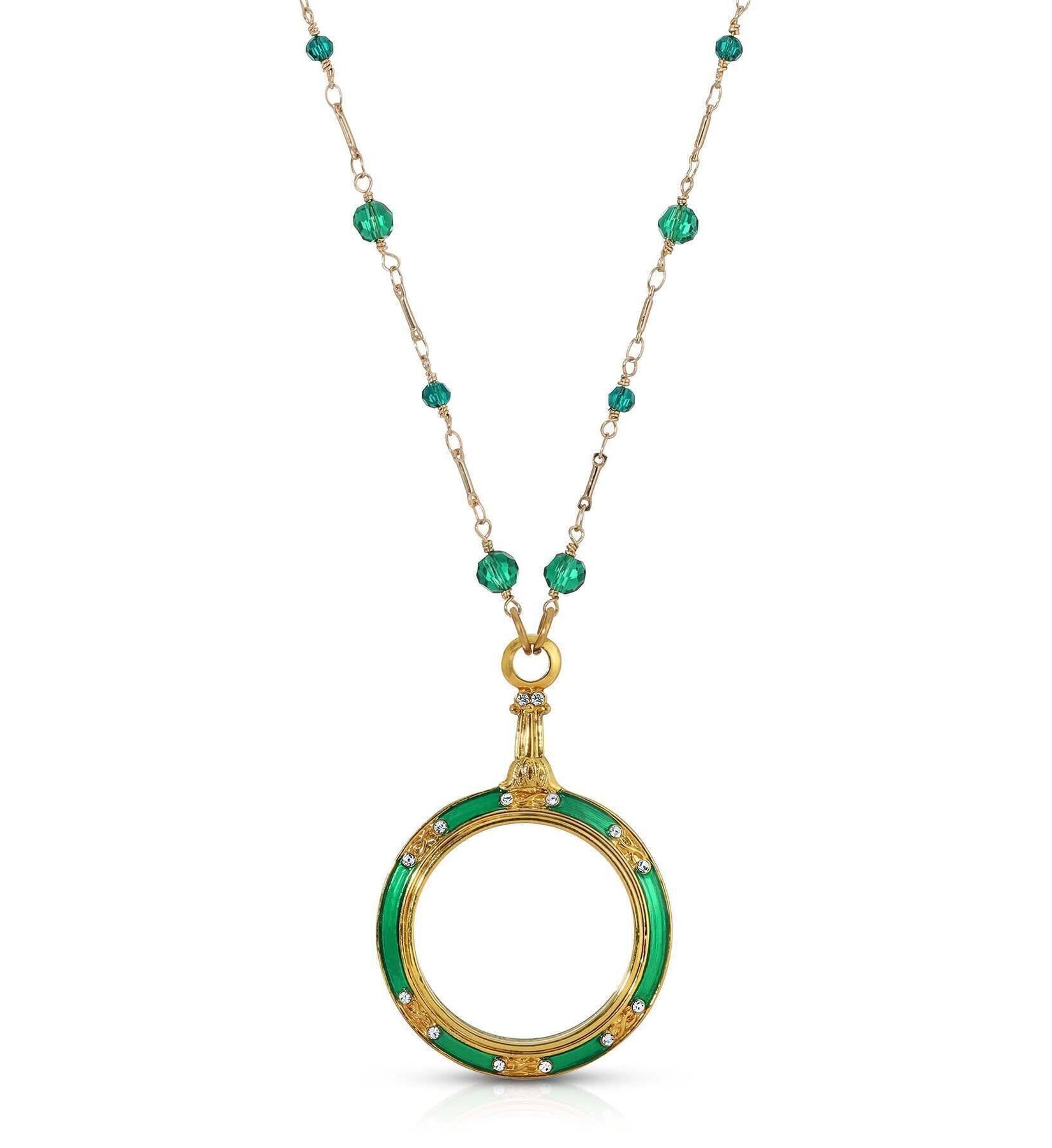 1928 Jewelry Glass Beaded Station Chain Deco Magnification Enamel & Crystal Pendant Necklace 30" - Magnification Power: 1-2X