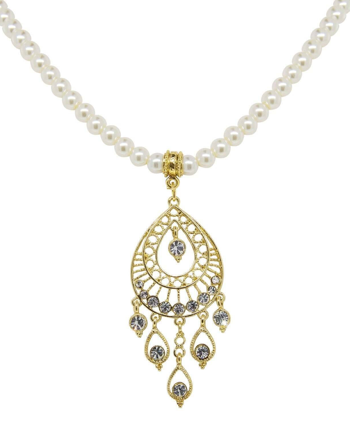 1928 Bridal Crystal Filigree Drop On 6mm Faux Pearl Strand Pendant Necklace 15"