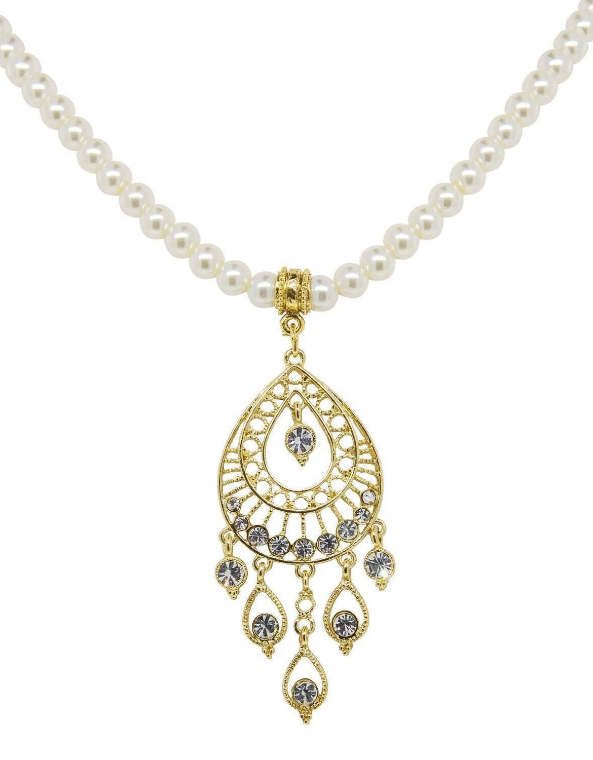 1928 Bridal Crystal Filigree Drop On 6mm Faux Pearl Strand Pendant Necklace 15"