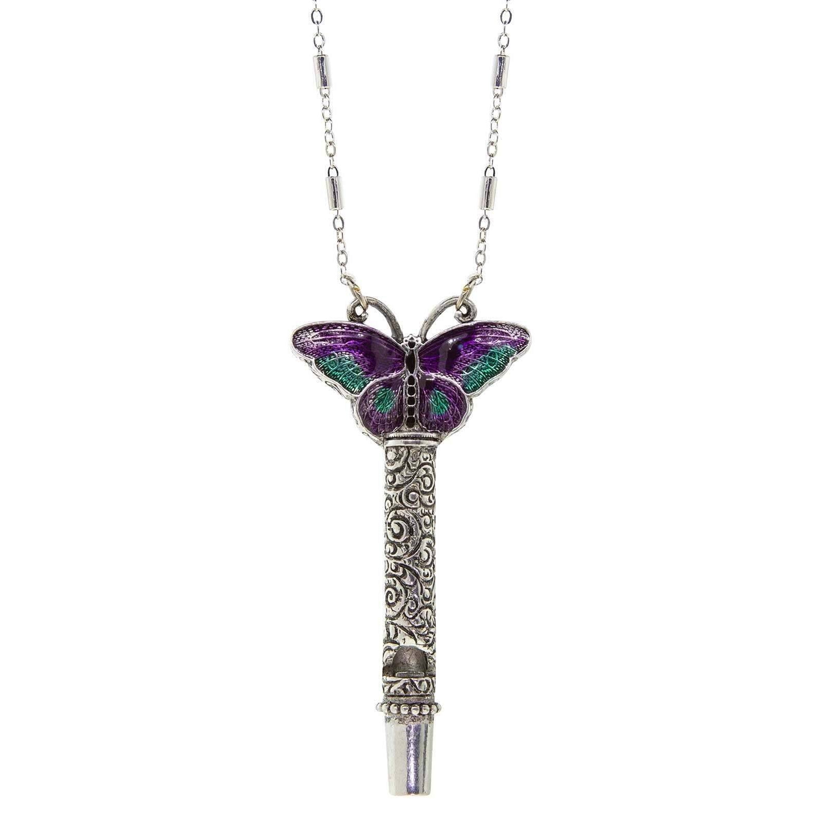 1928 Jewelry Multicolor Enamel Butterfly Etched Filigree Whistle Necklace 30"