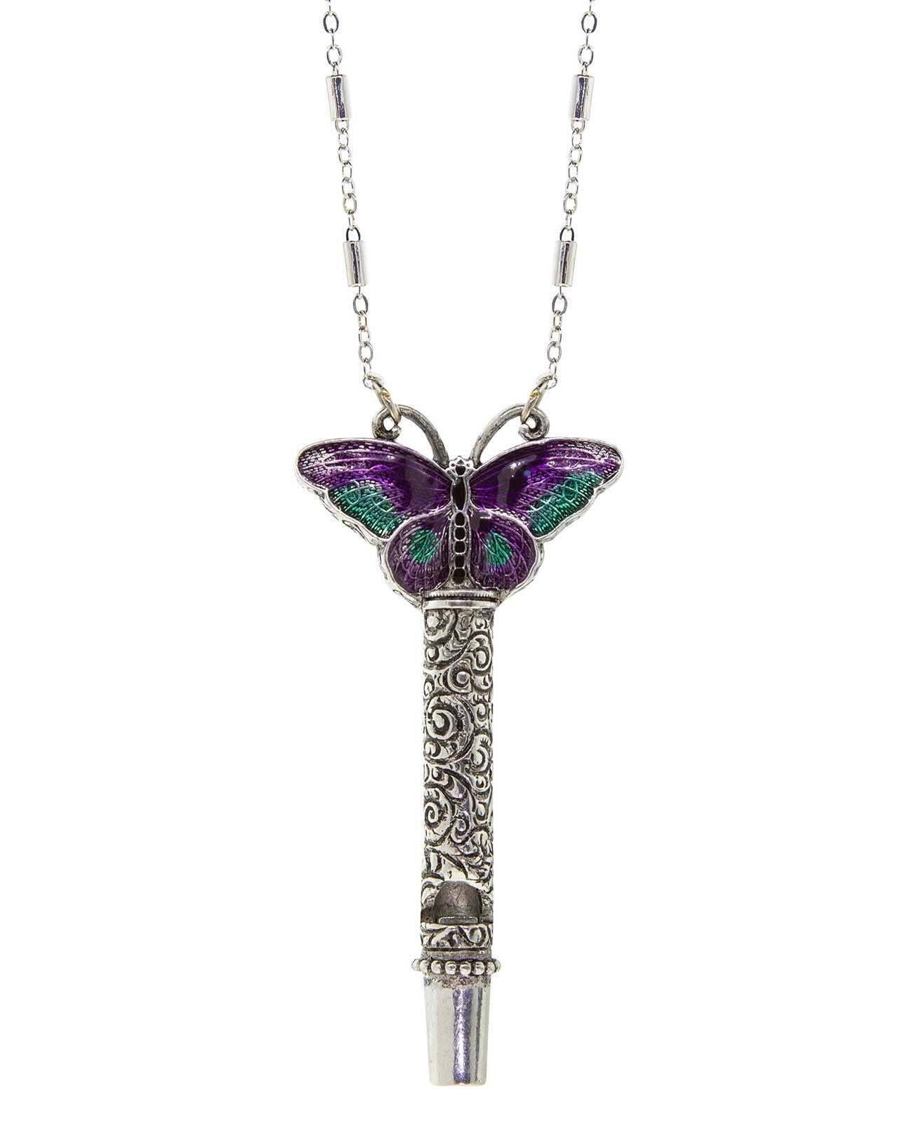1928 Jewelry Multicolor Enamel Butterfly Etched Filigree Whistle Necklace 30"