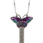Butterfly-shaped pendant on a chain against a white background