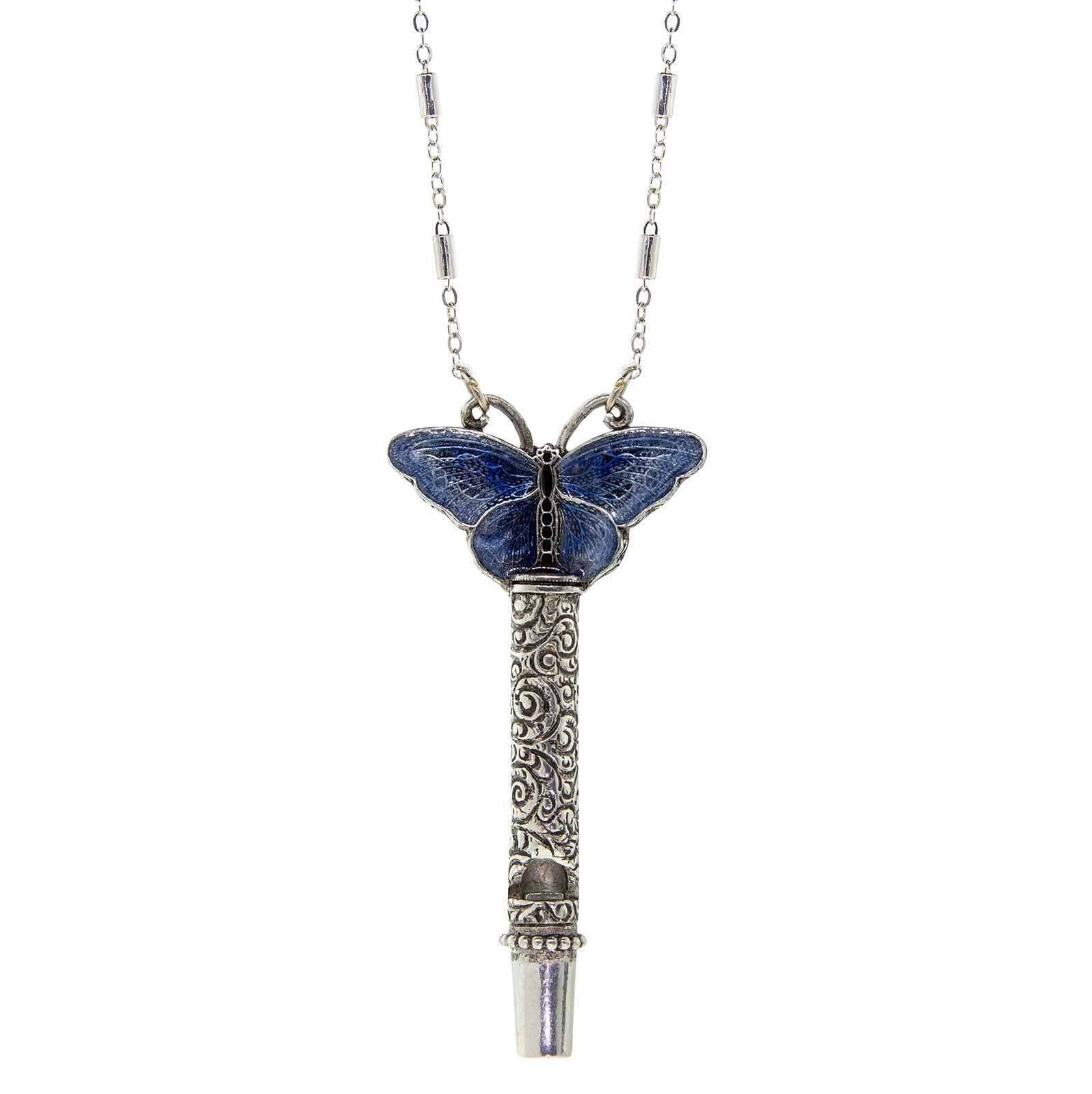 1928 Jewelry Multicolor Enamel Butterfly Etched Filigree Whistle Necklace 30"