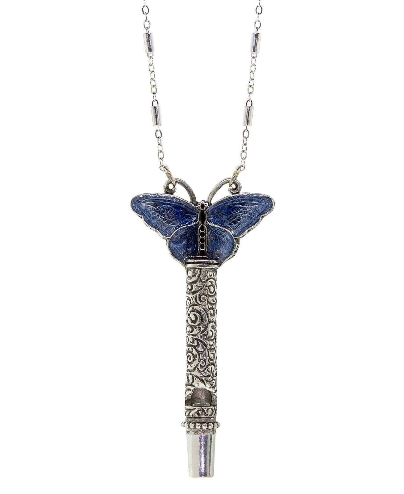 1928 Jewelry Multicolor Enamel Butterfly Etched Filigree Whistle Necklace 30"