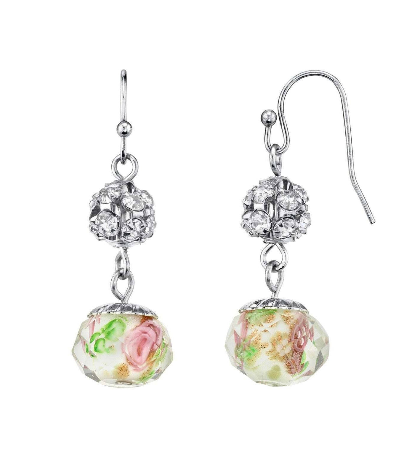 1928 Jewelry Fireball Crystals Pink Flower Bead Drop Wire Earrings