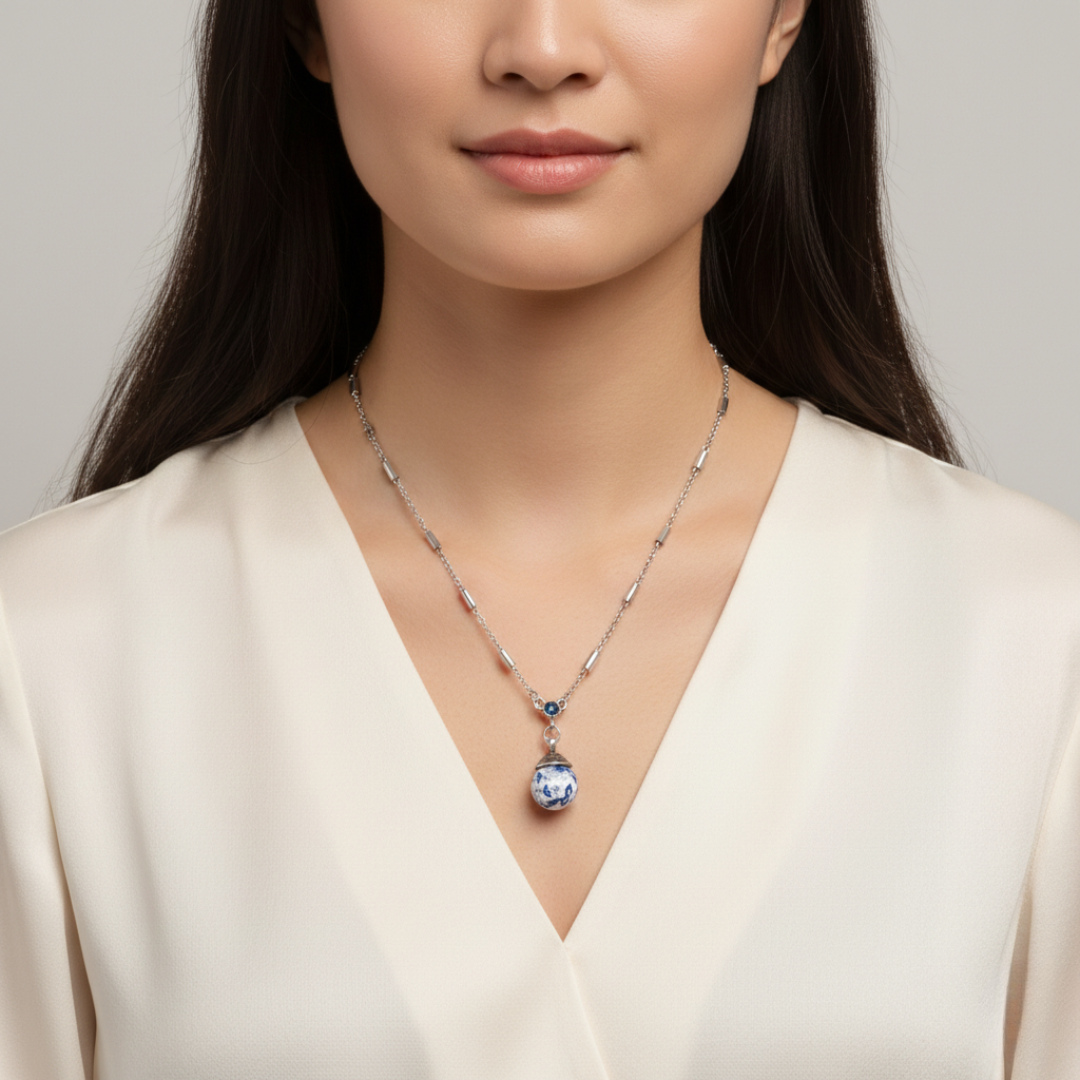 Woman wearing a necklace with a blue willow pendant against a neutral background