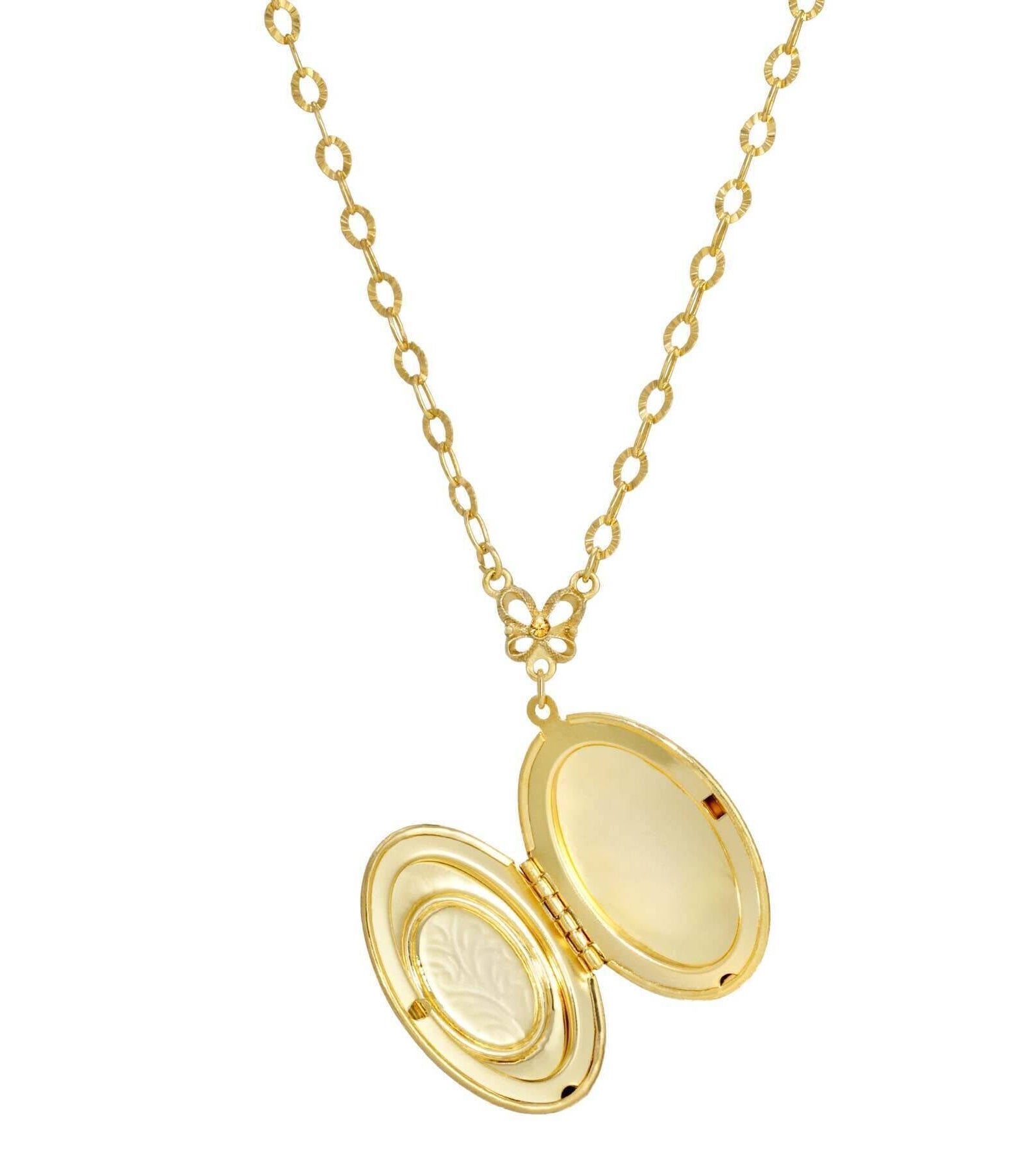 1928 Jewelry Oval Semi Precious Tiger Eye Etched Floral Locket Necklace 26"