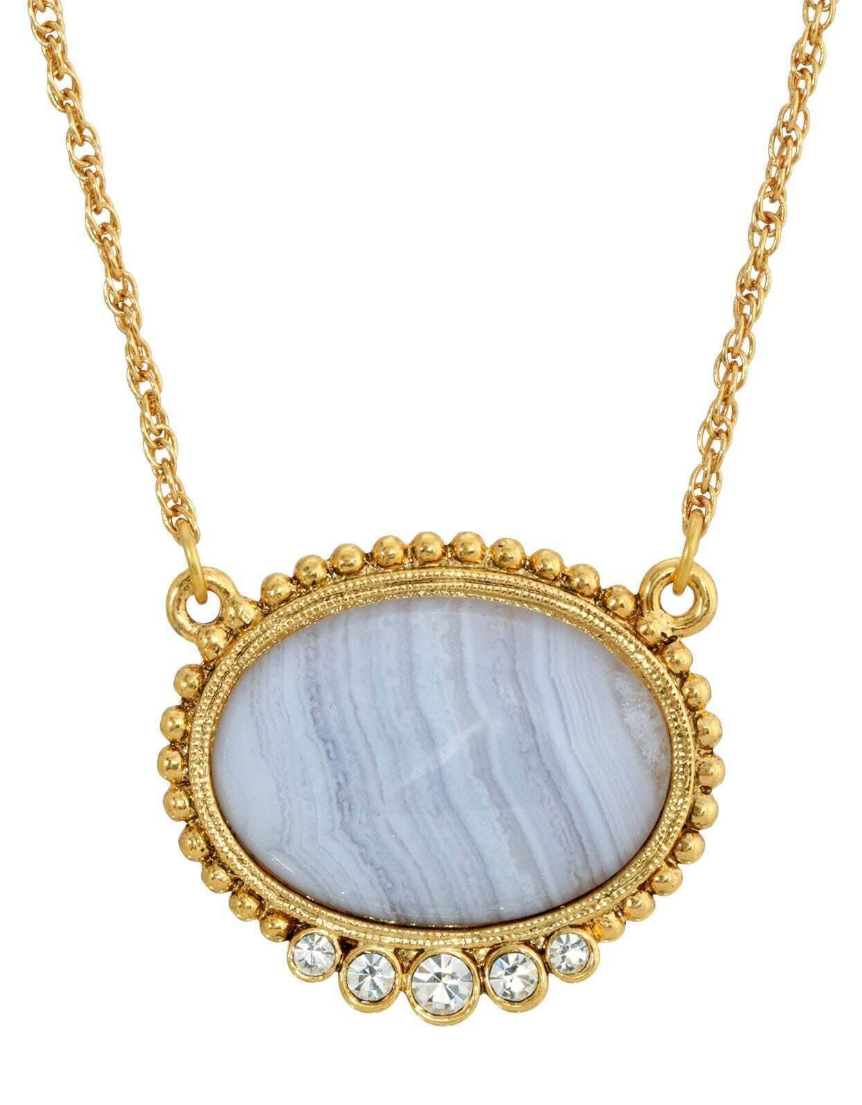 1928 Jewelry Oval Gemstone With Crystals Pendant Necklace 16"