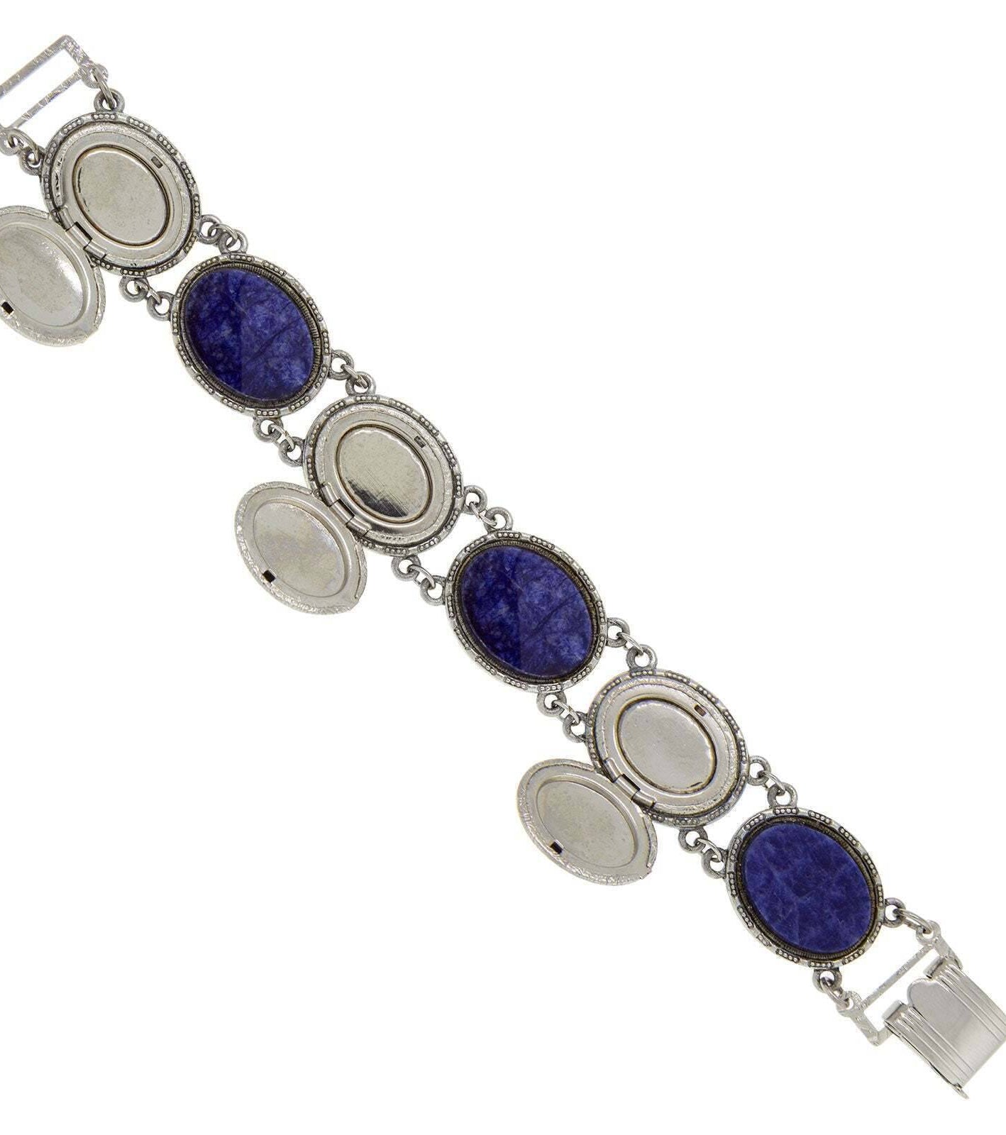 1928 Jewelry Oval Blue Sodalite Gemstone & Lockets Link Bracelet