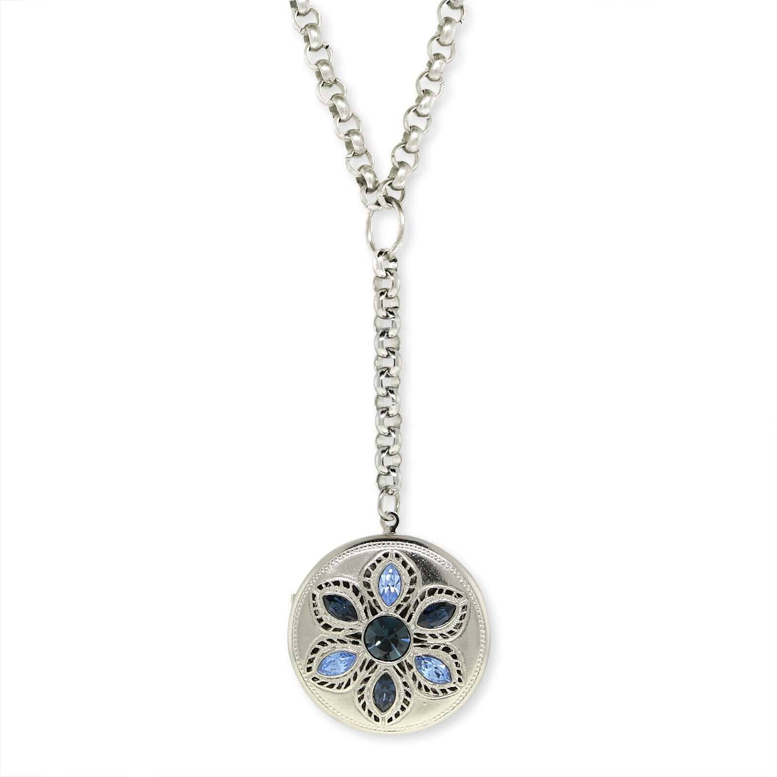 1928 Jewelry Crystal Flower Round Locket Necklace 22 + 3" Extender