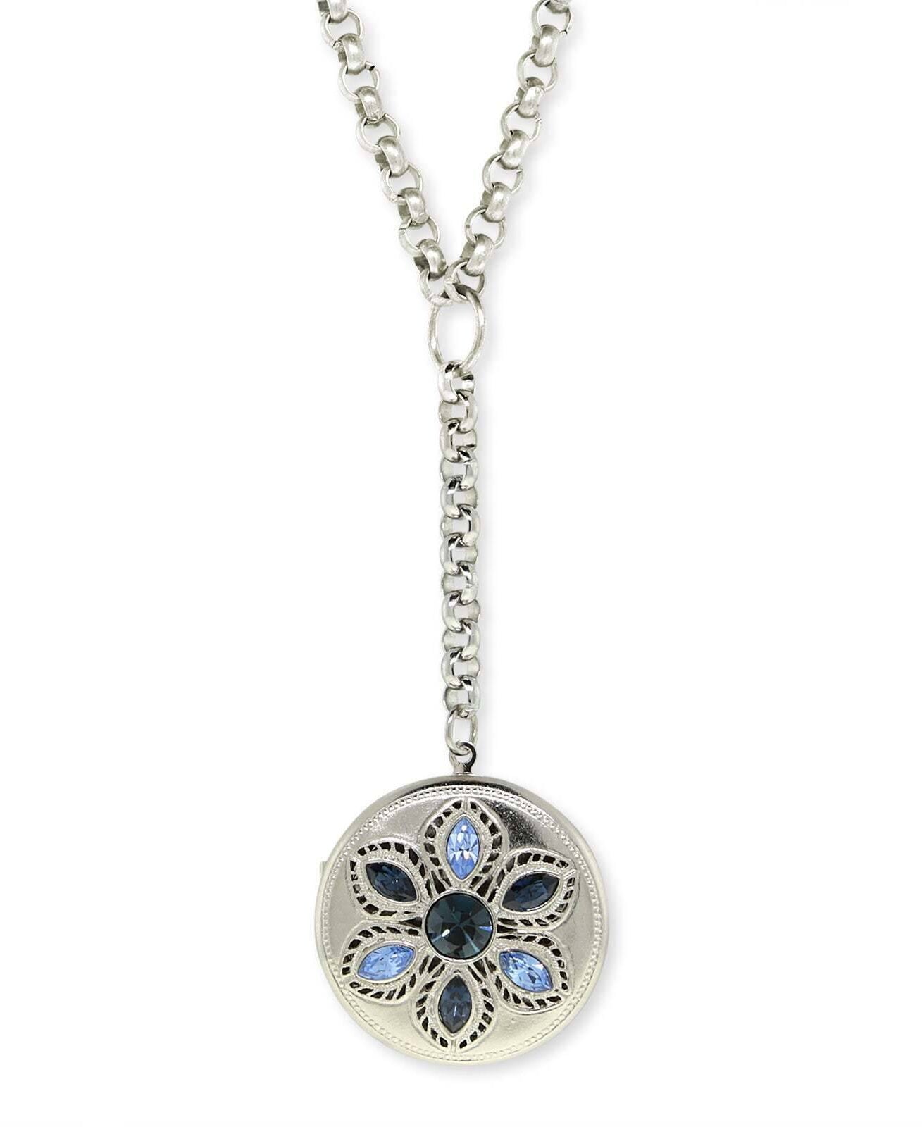 1928 Jewelry Crystal Flower Round Locket Necklace 22 + 3" Extender