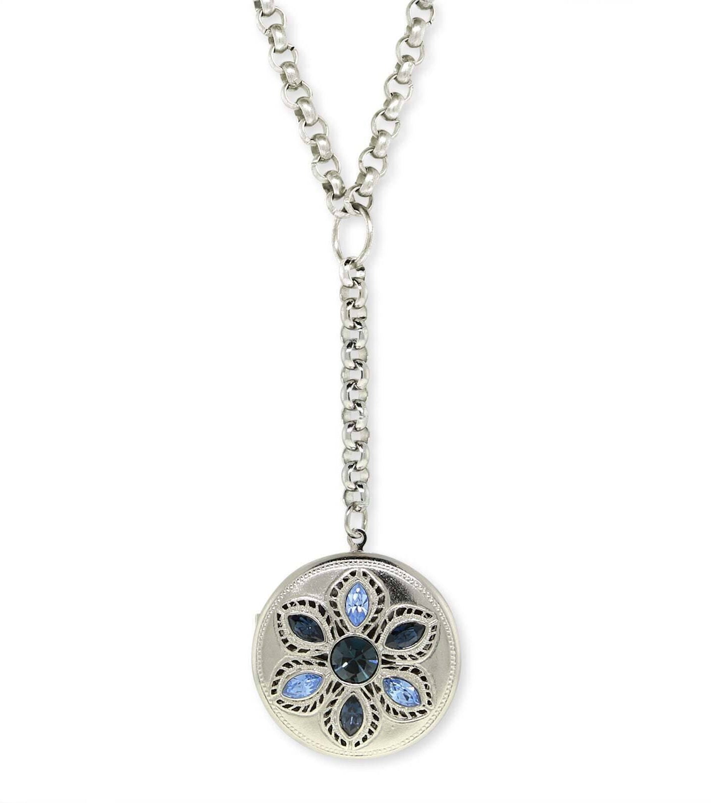 1928 Jewelry Crystal Flower Round Locket Necklace 22 + 3" Extender