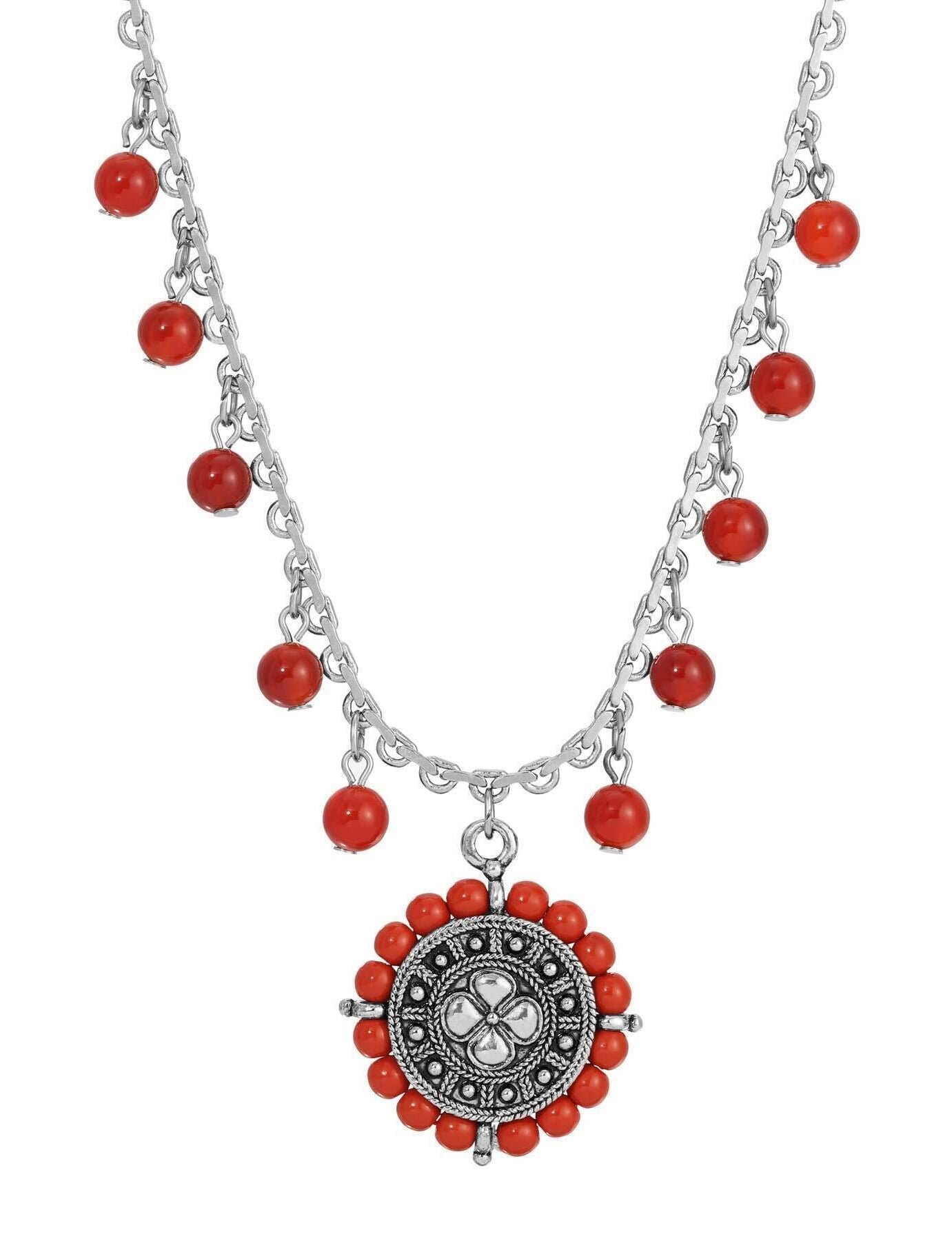 1928 Jewelry Carnelian & Red Jasper Floral Pendant Necklace 15" + 3" Extender