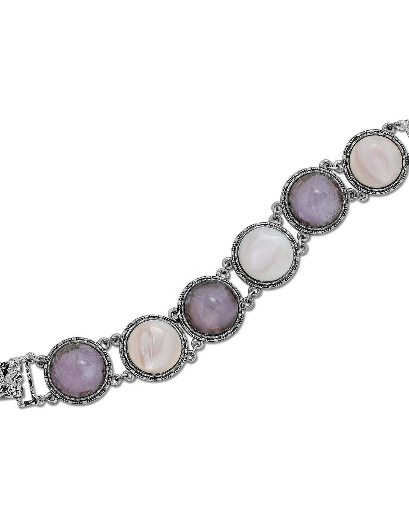 1928 Jewelry Round Genuine Purple Amethyst Gemstone Link Bracelet