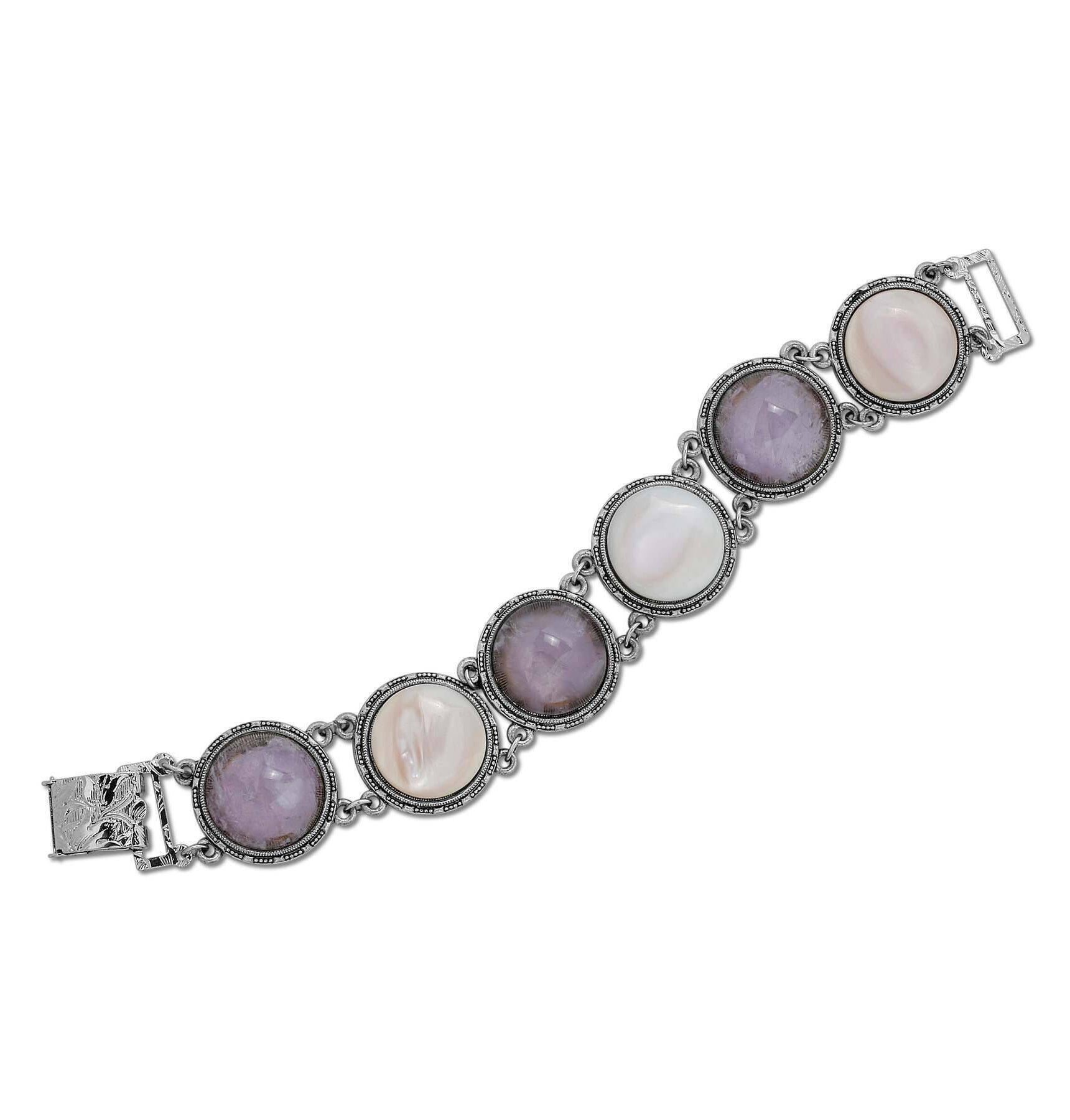 1928 Jewelry Round Genuine Purple Amethyst Gemstone Link Bracelet