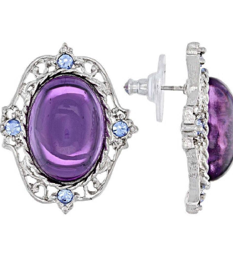 1928 Jewelry Oval Amethyst Stone & Light Sapphire Crystal Post Earrings