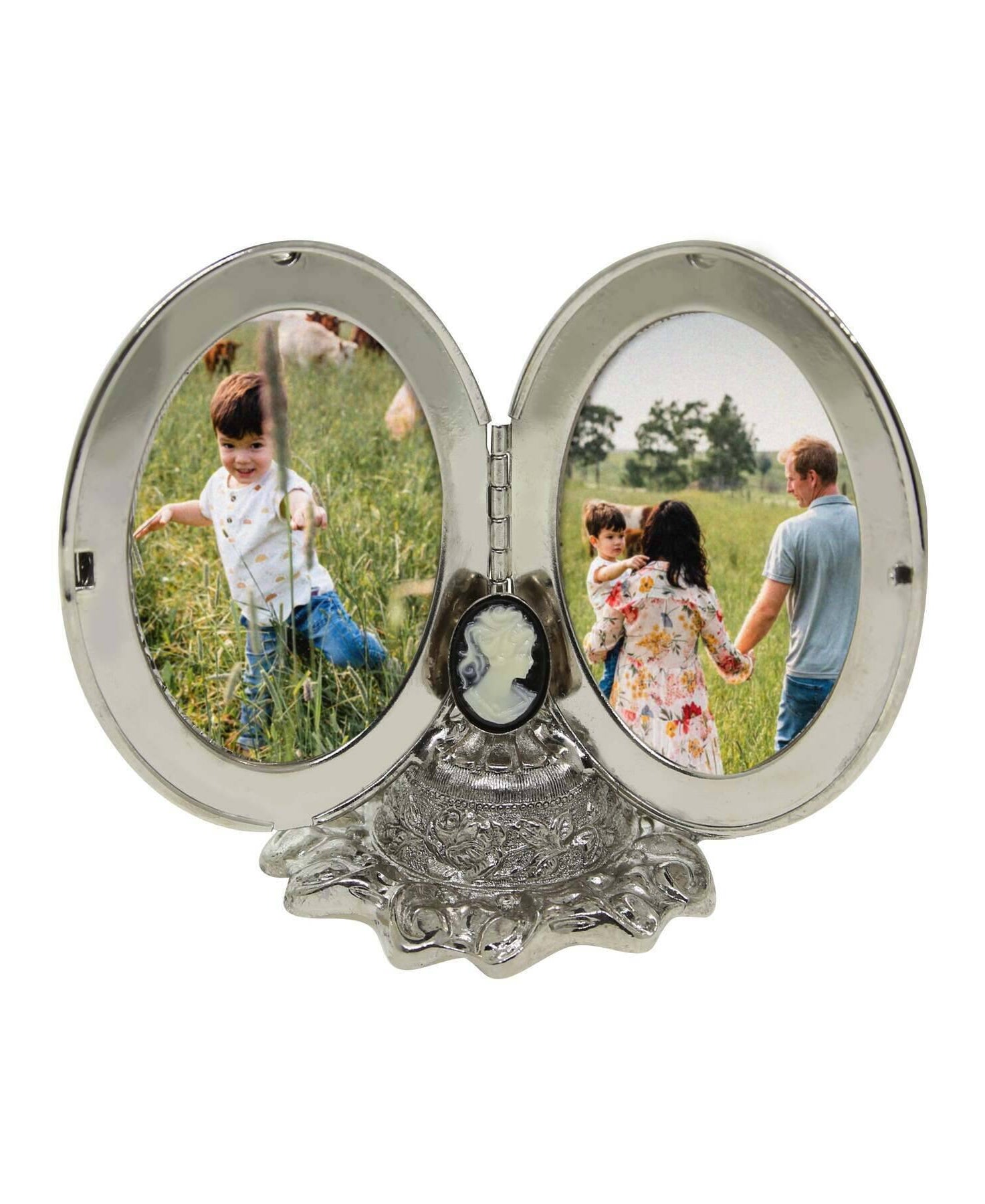 1928 Jewelry Black Cameo Floral Oval Double Photo Locket Frame