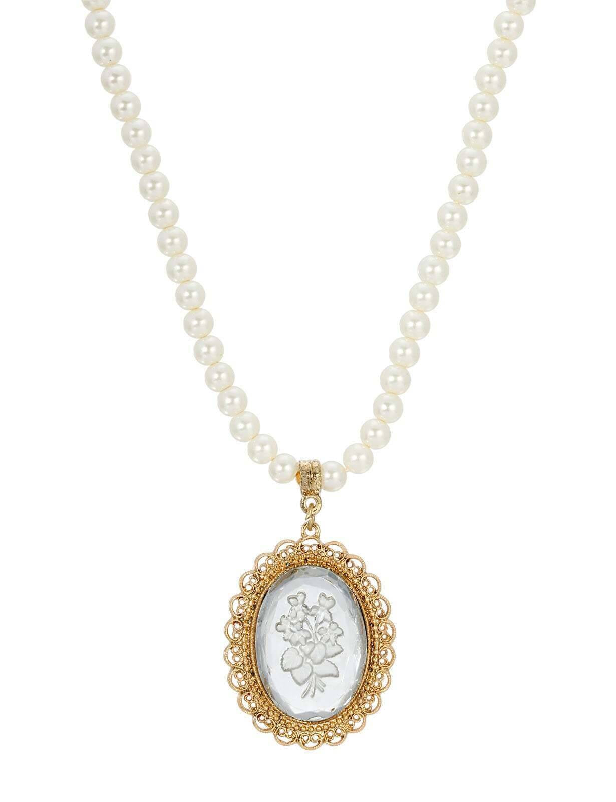 1928 Jewelry Glass Engraved Flowers 5mm Faux Pearl Strand Pendant Necklace, 15" + 3" Extender