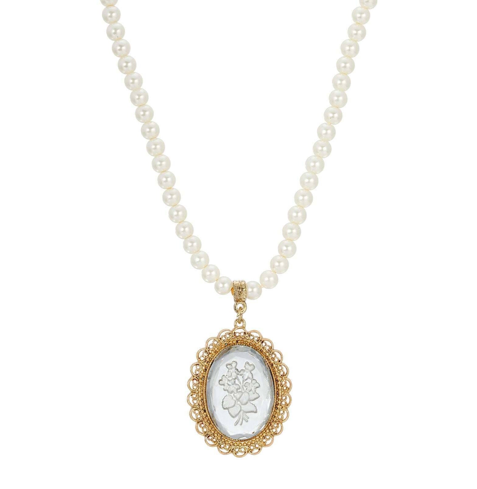 1928 Jewelry Glass Engraved Flowers 5mm Faux Pearl Strand Pendant Necklace, 15" + 3" Extender