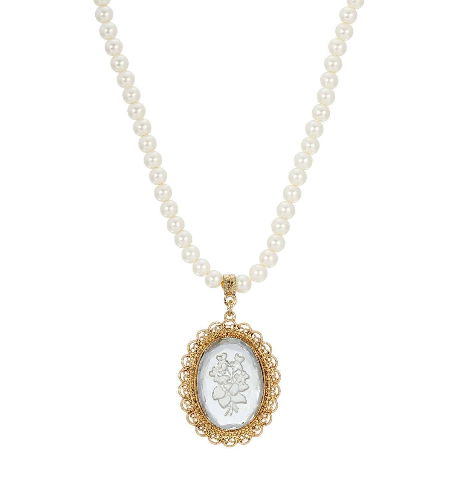 1928 Jewelry Glass Engraved Flowers 5mm Faux Pearl Strand Pendant Necklace, 15" + 3" Extender