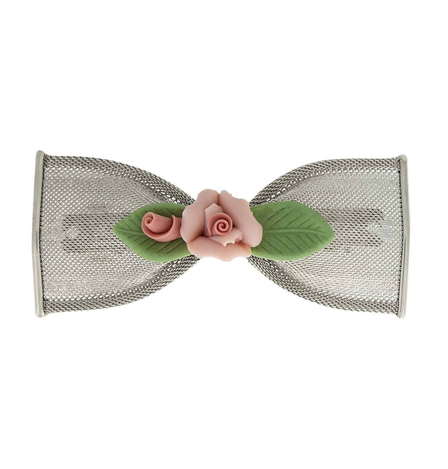 1928 Jewelry Pink And Green Porcelain Flower Mesh Bow Hair Barrette