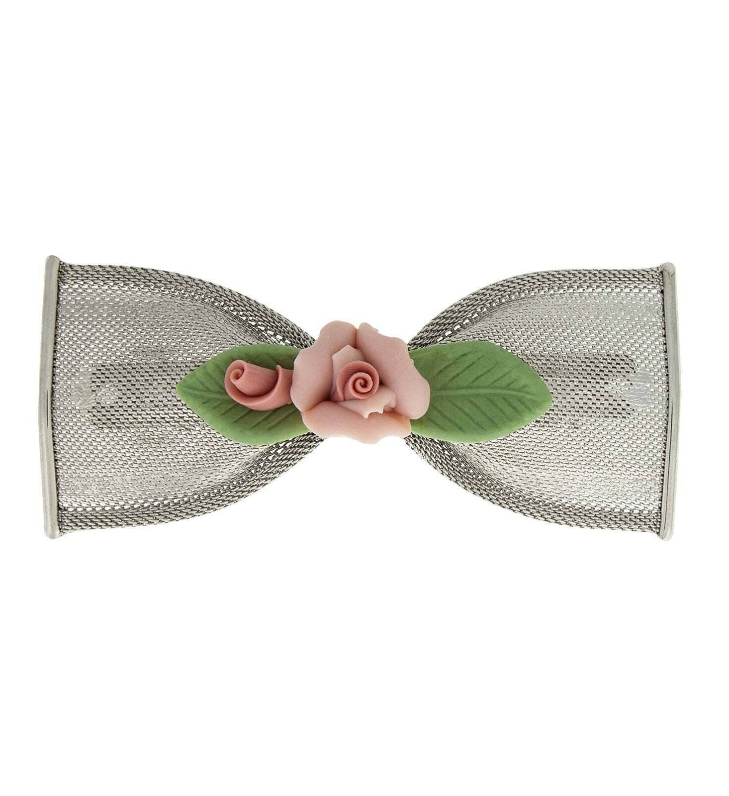 1928 Jewelry Pink And Green Porcelain Flower Mesh Bow Hair Barrette
