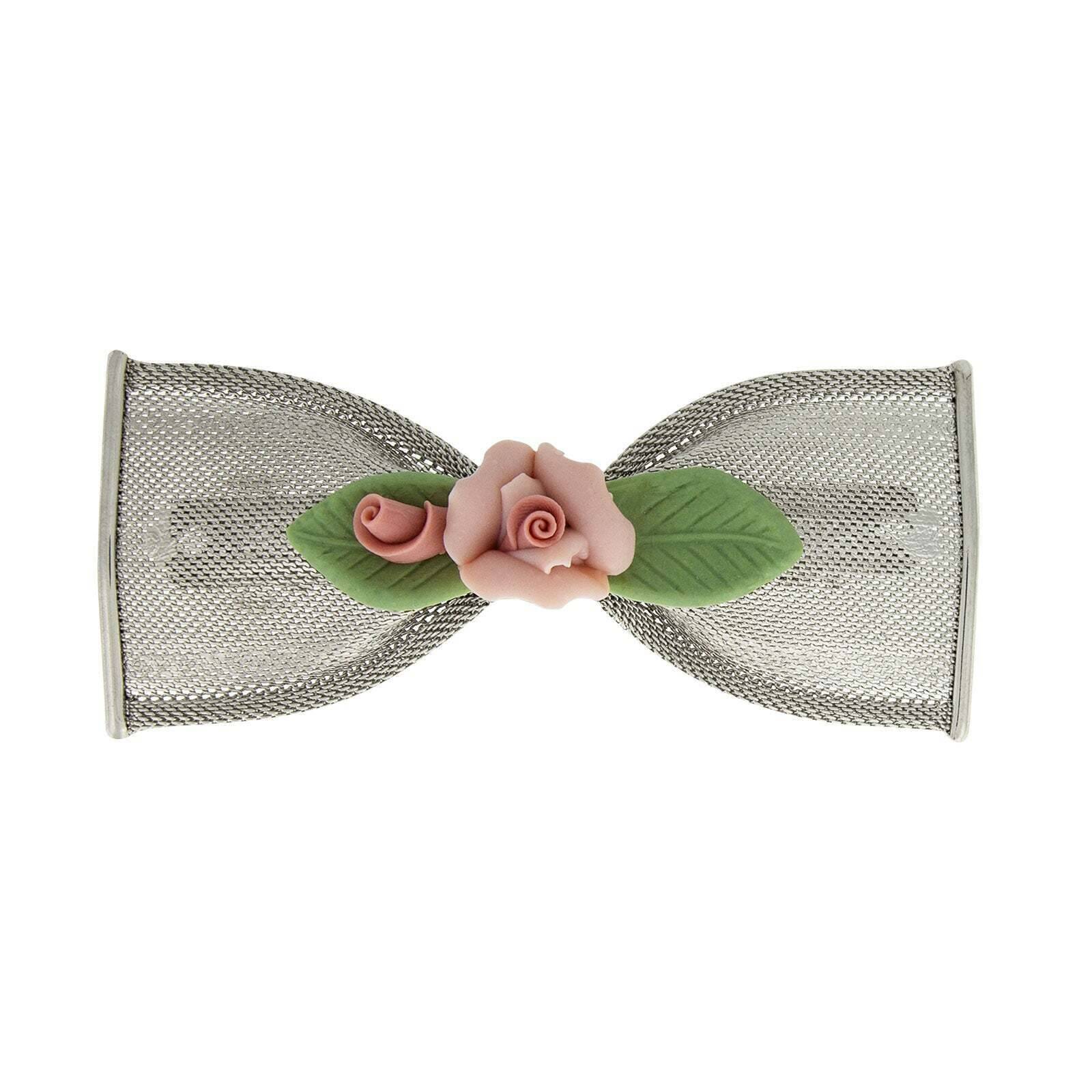 1928 Jewelry Pink And Green Porcelain Flower Mesh Bow Hair Barrette