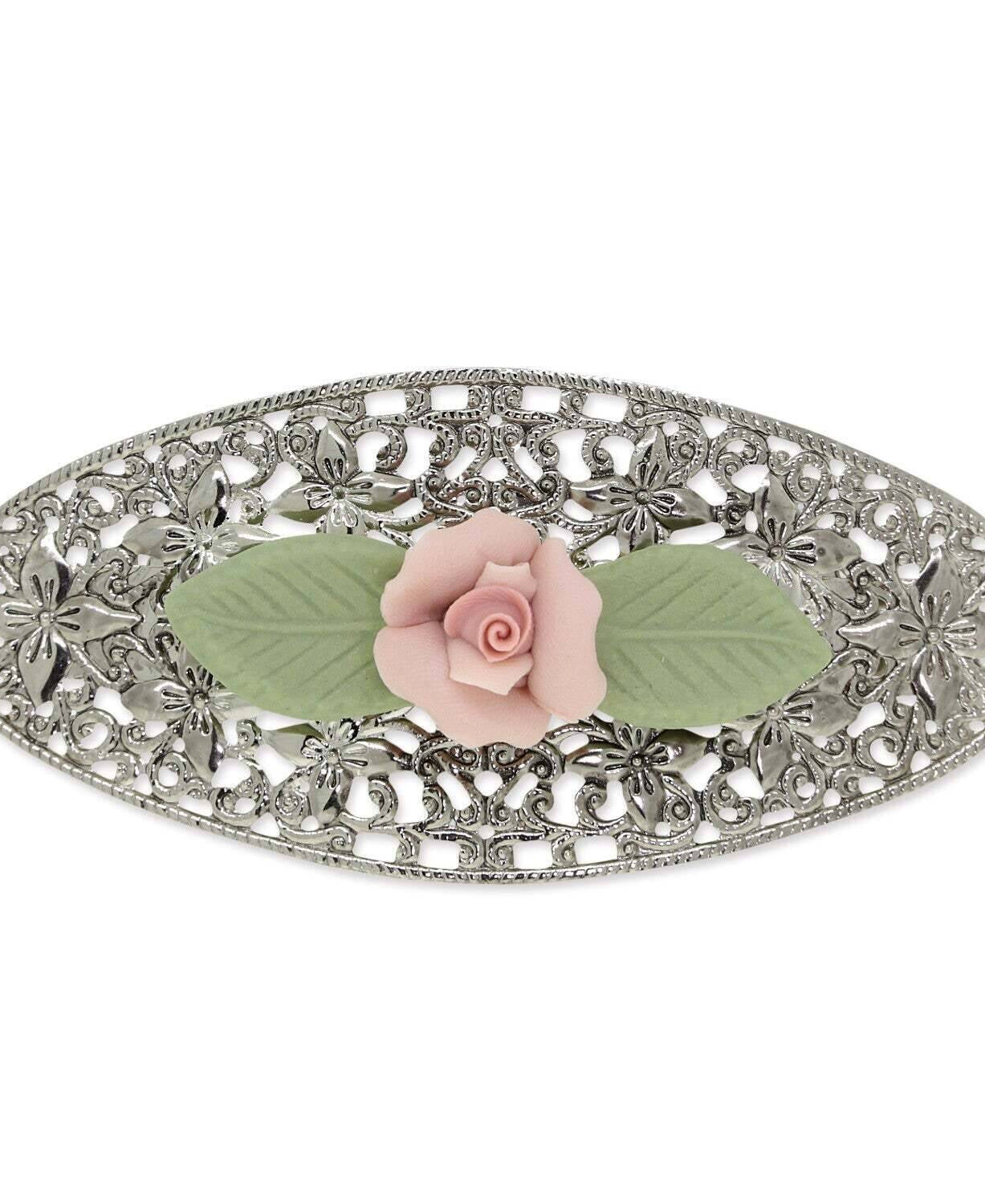 1928 Jewelry Pink Porcelain Flower With Green Leaf Hair Barrette