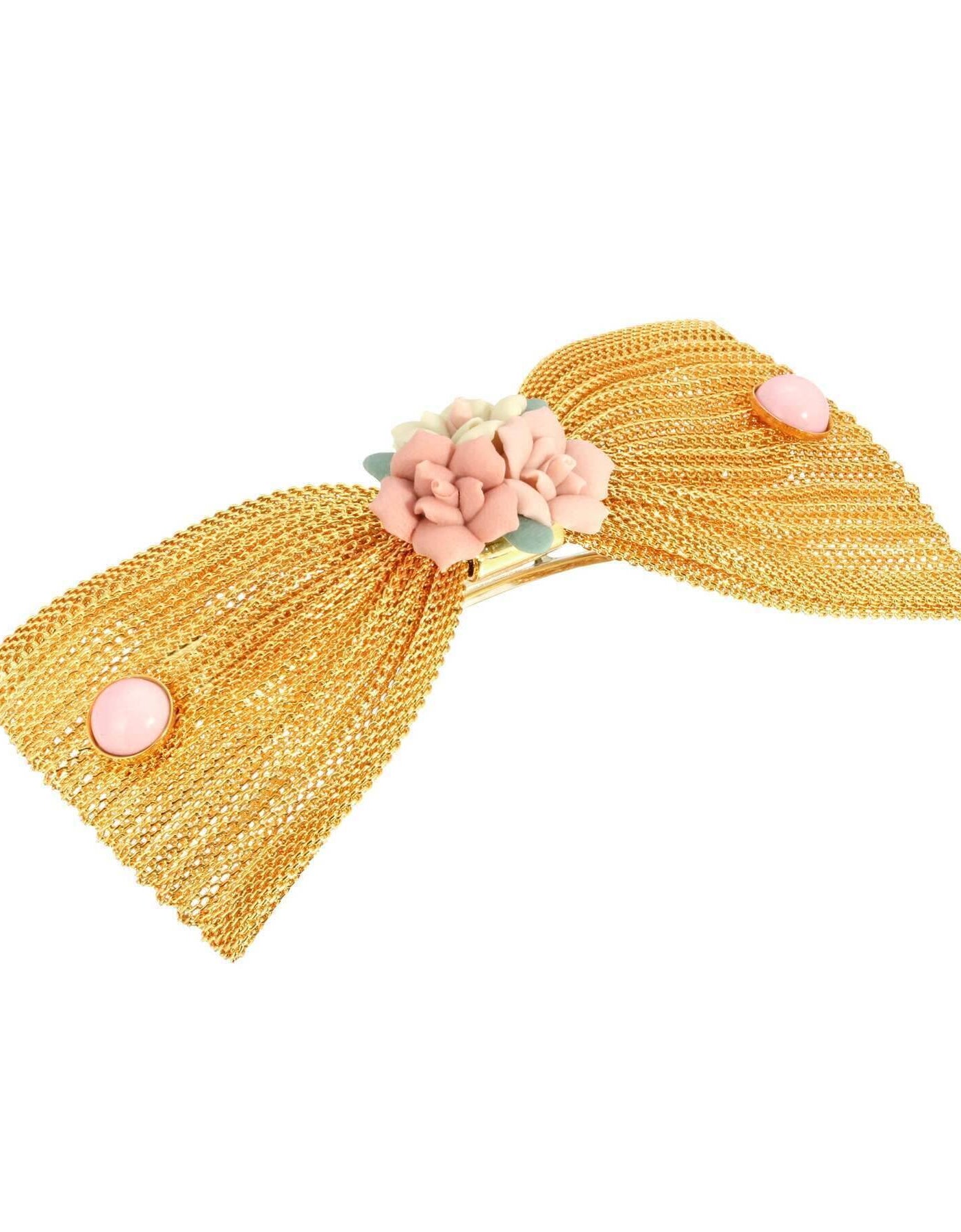 1928 Jewelry Pink Porcelain Flower Mesh Bow Hair Barrette