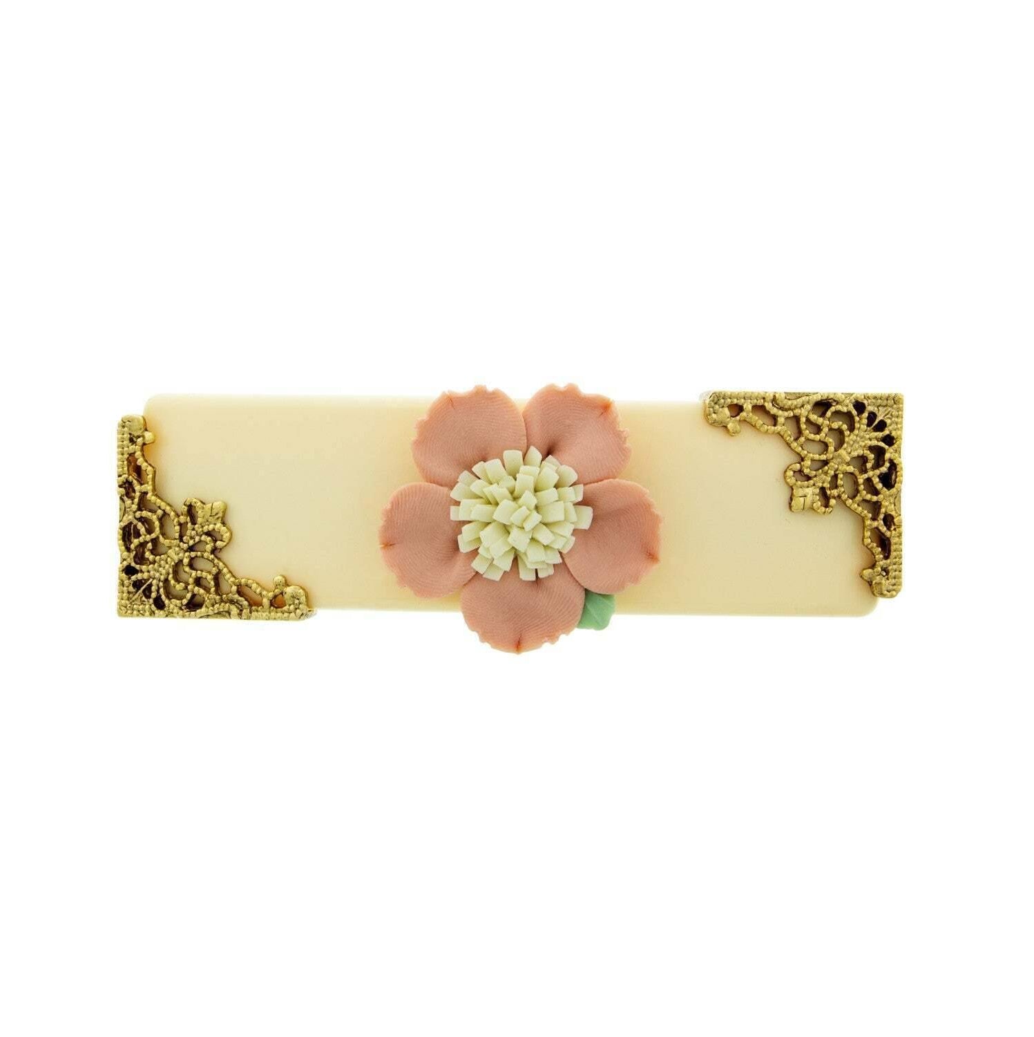 1928 Jewelry Ivory With Pink & White Porcelain Flower Hair Barrette