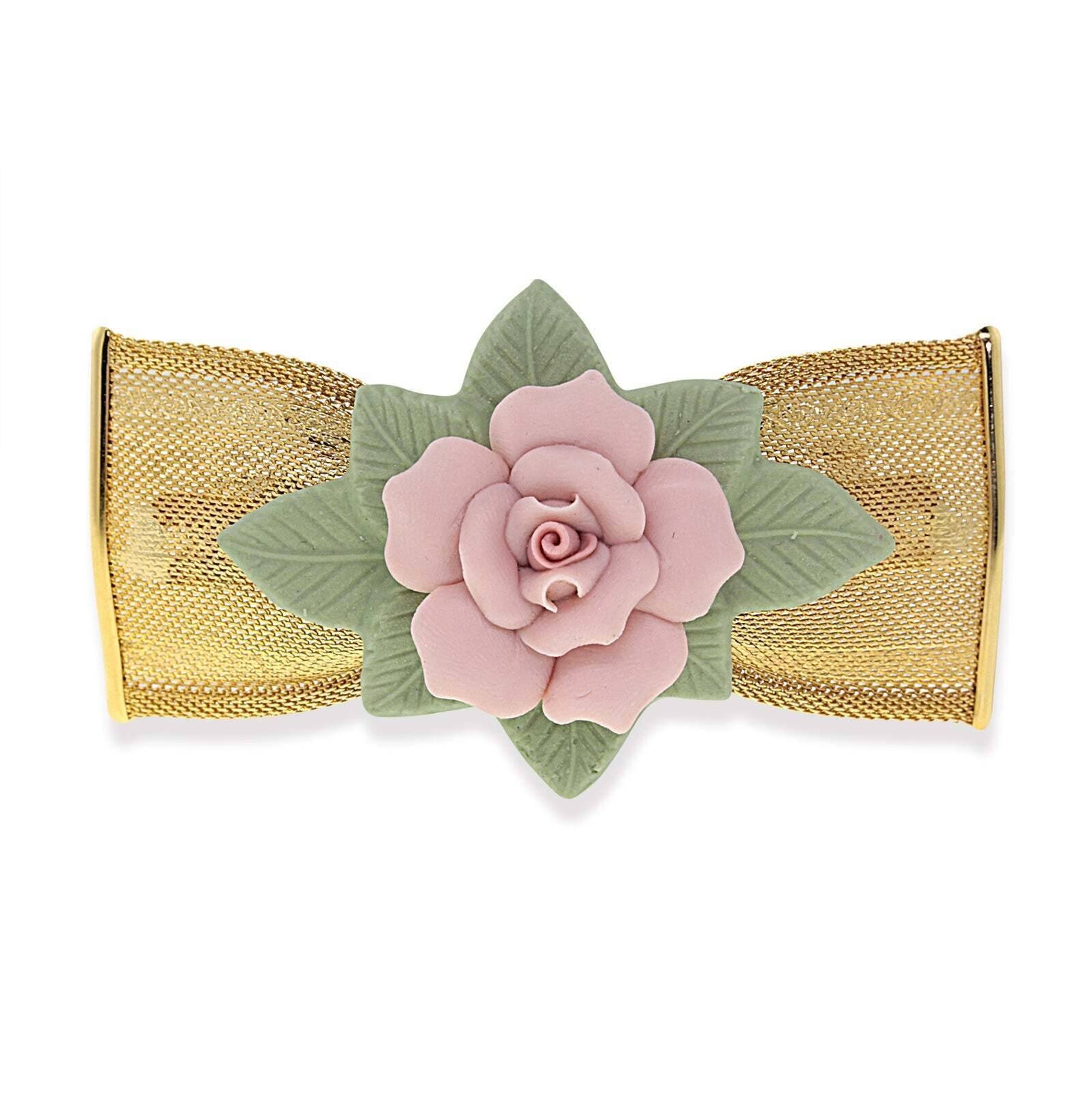 1928 Jewelry Large Pink & Green Porcelain Flower Mesh Bow Hair Barrette