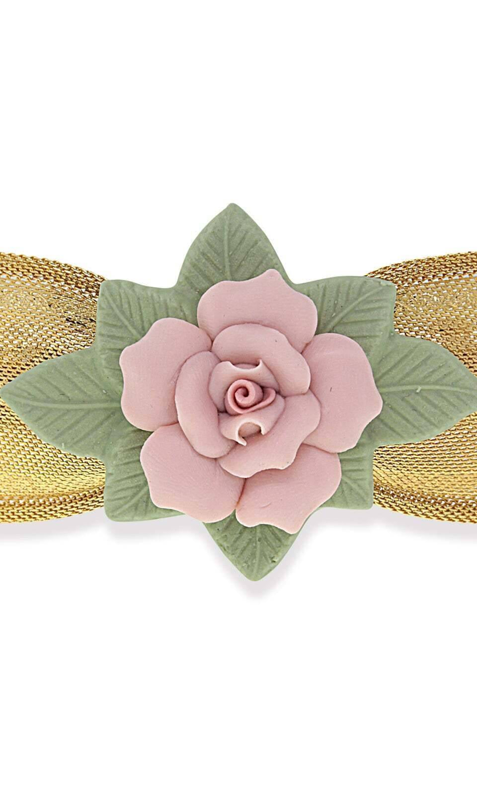1928 Jewelry Large Pink & Green Porcelain Flower Mesh Bow Hair Barrette