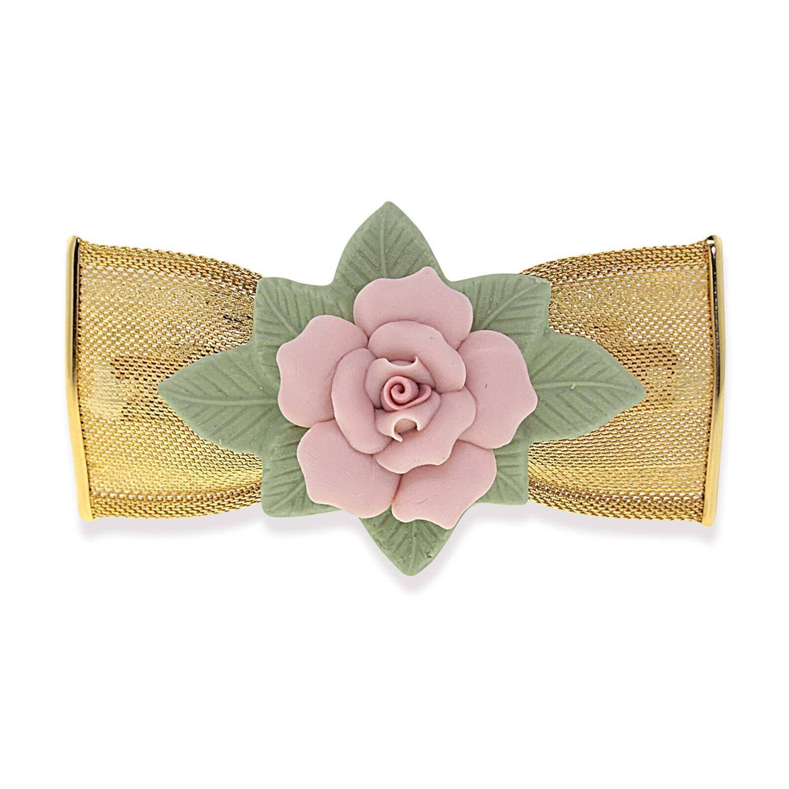 1928 Jewelry Large Pink & Green Porcelain Flower Mesh Bow Hair Barrette