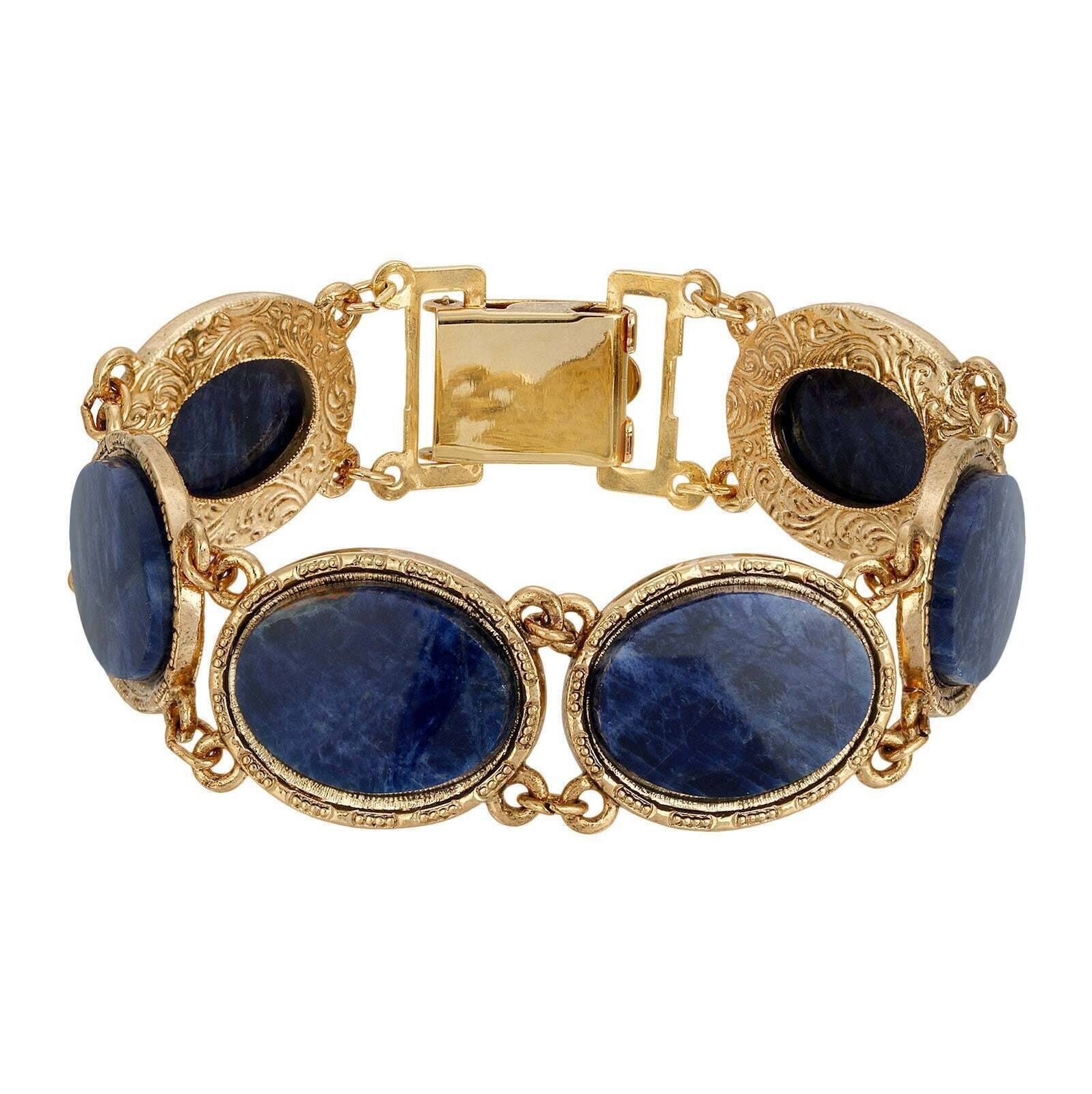 1928 Jewelry Oval Semi Precious Gemstone Link Bracelet