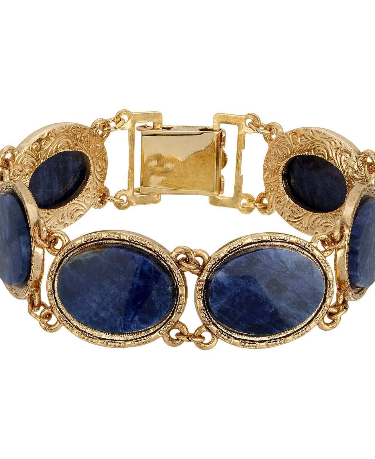 1928 Jewelry Oval Semi Precious Gemstone Link Bracelet