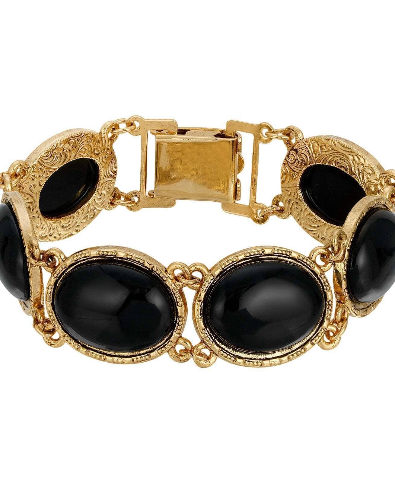 1928 Jewelry Oval Semi Precious Gemstone Link Bracelet