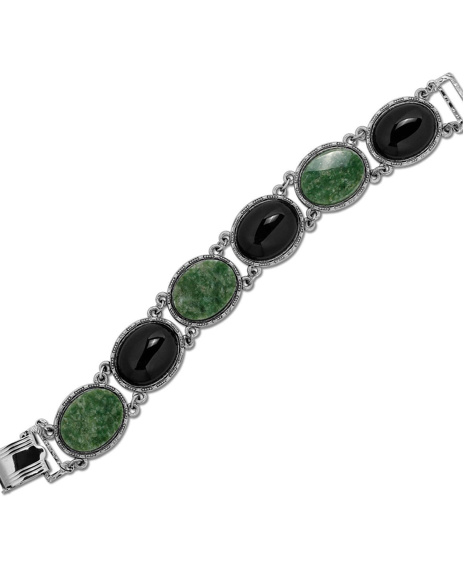 1928 Jewelry Onyx & Jade Semi Precious Link Bracelet