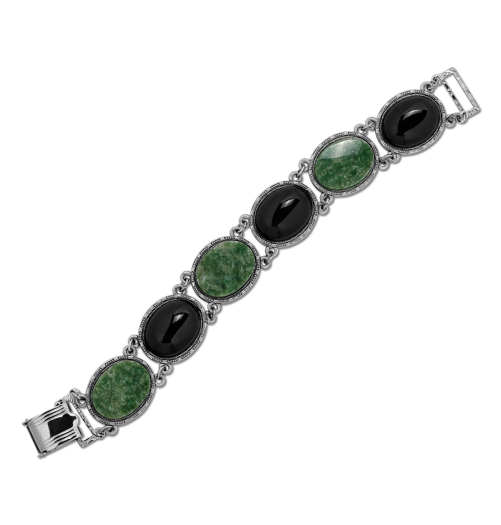 1928 Jewelry Onyx & Jade Semi Precious Link Bracelet