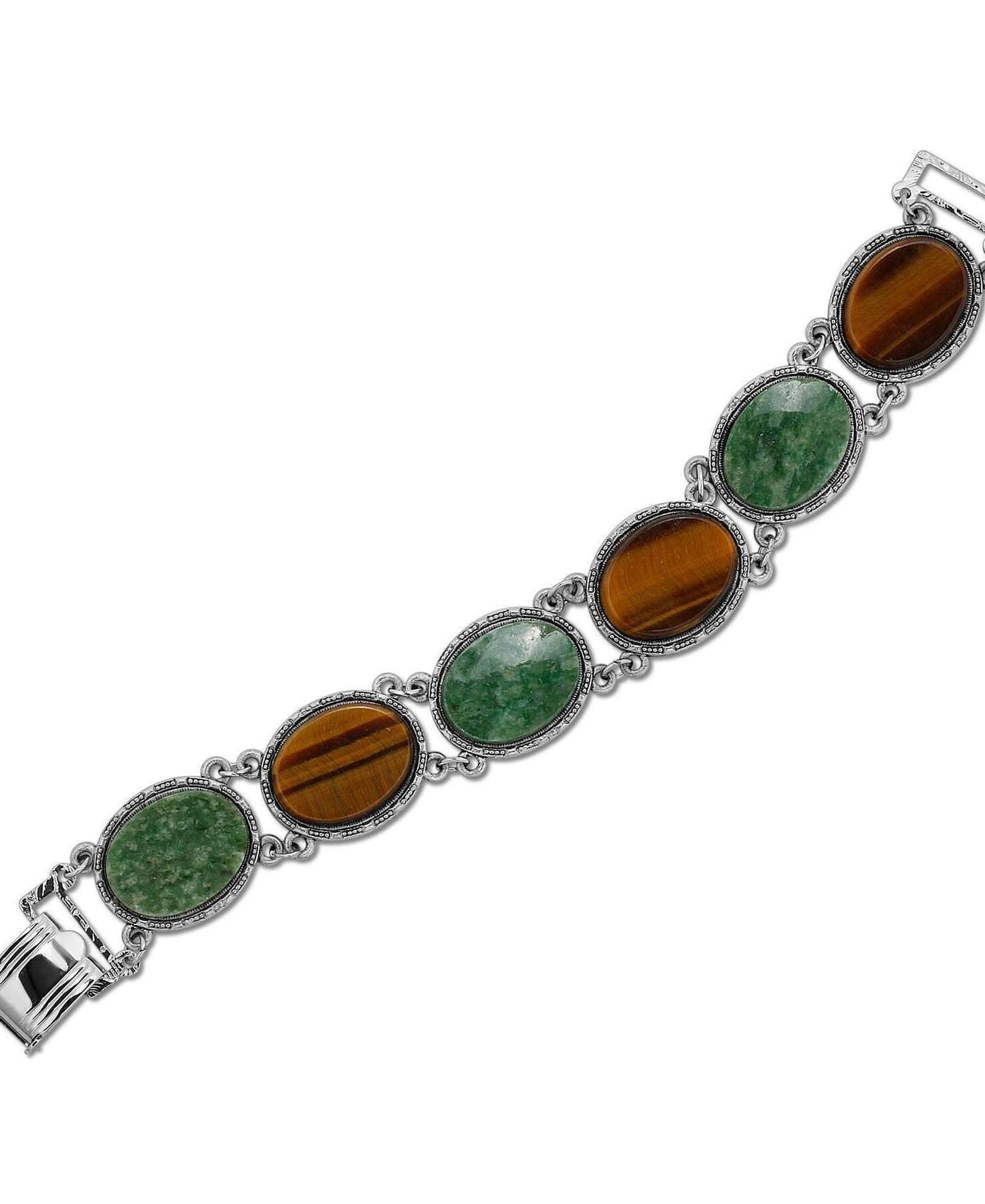 1928 Jewelry Oval Tigers Eye & Jade Gemstone Link Bracelet