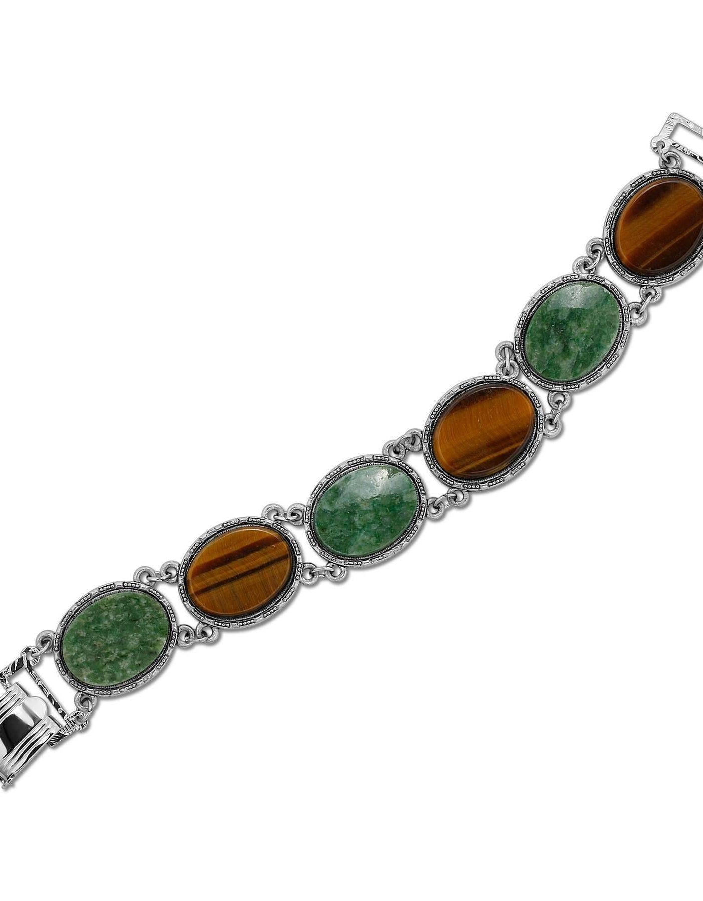 1928 Jewelry Oval Tigers Eye & Jade Gemstone Link Bracelet