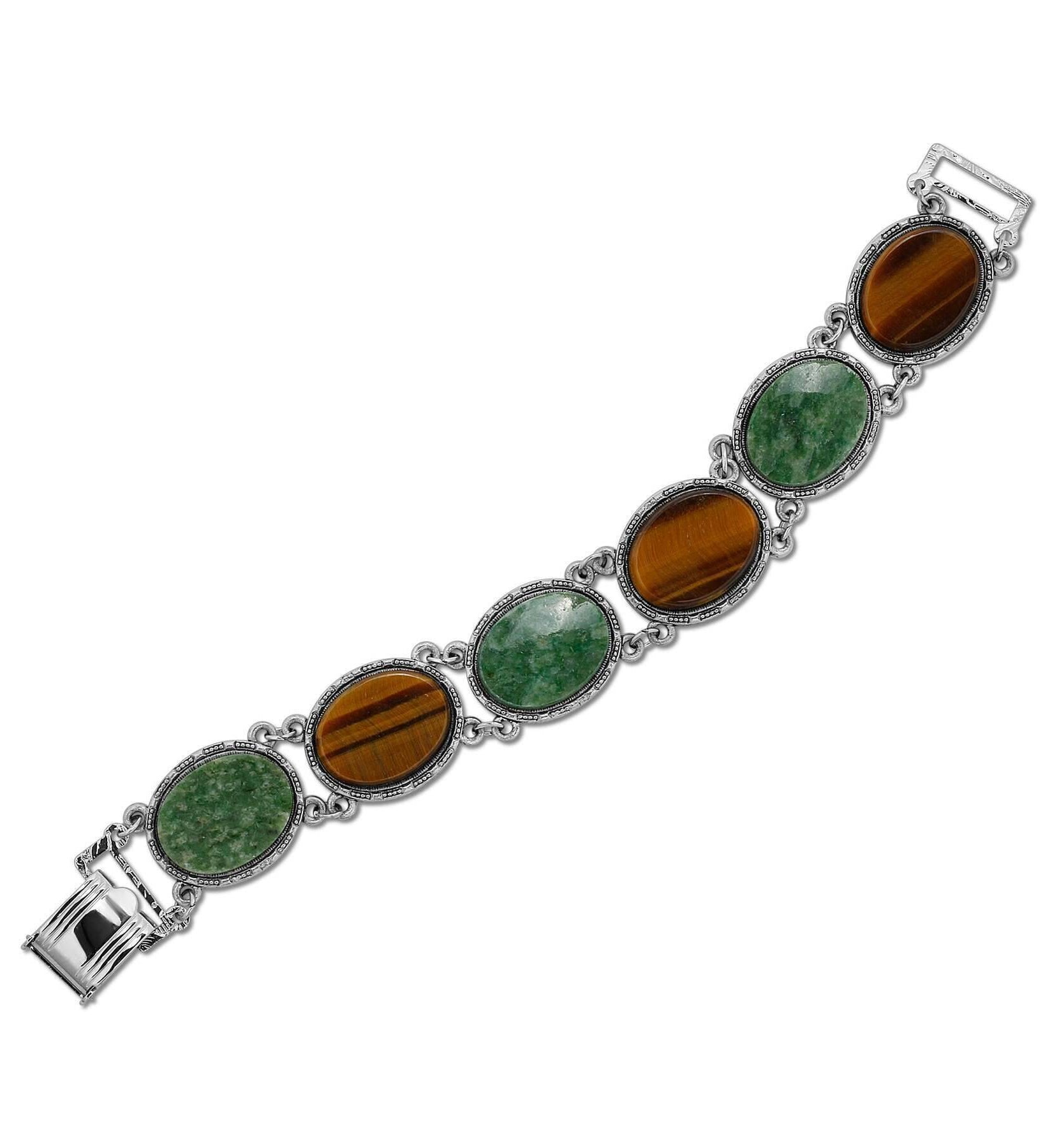 1928 Jewelry Oval Tigers Eye & Jade Gemstone Link Bracelet