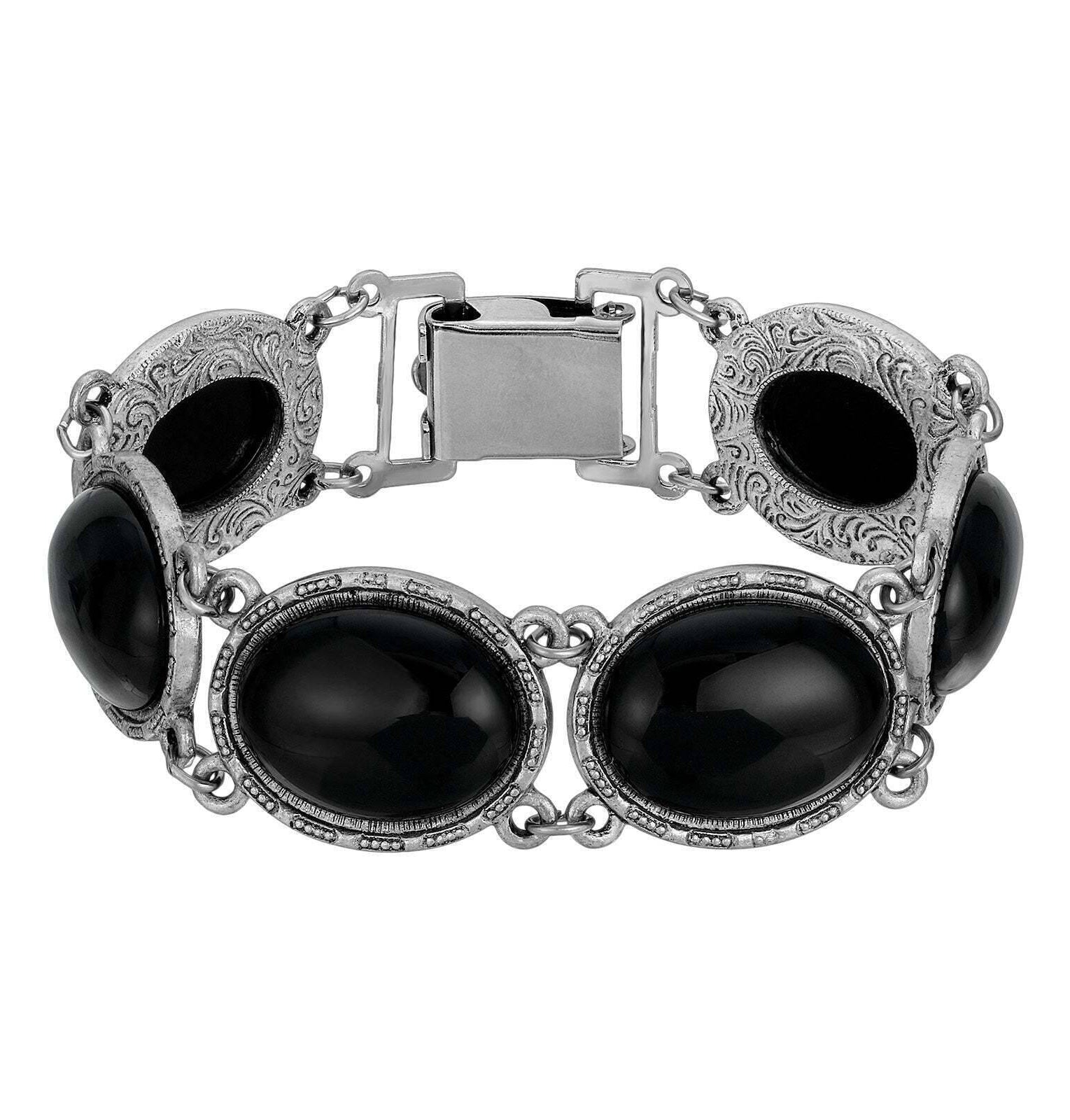 1928 Jewelry Ornate Semi Precious Oval Gemstone Link Bracelet