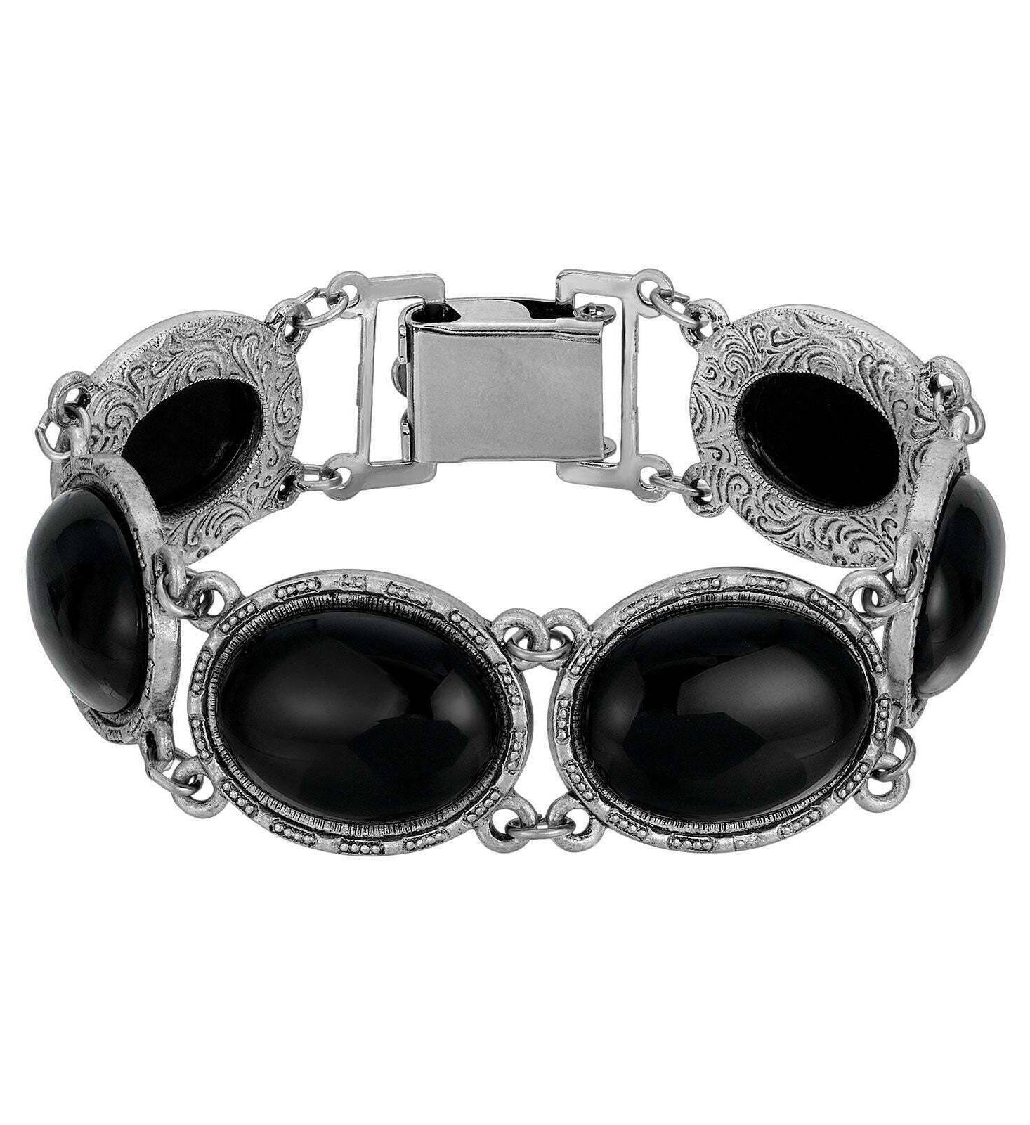 1928 Jewelry Ornate Semi Precious Oval Gemstone Link Bracelet