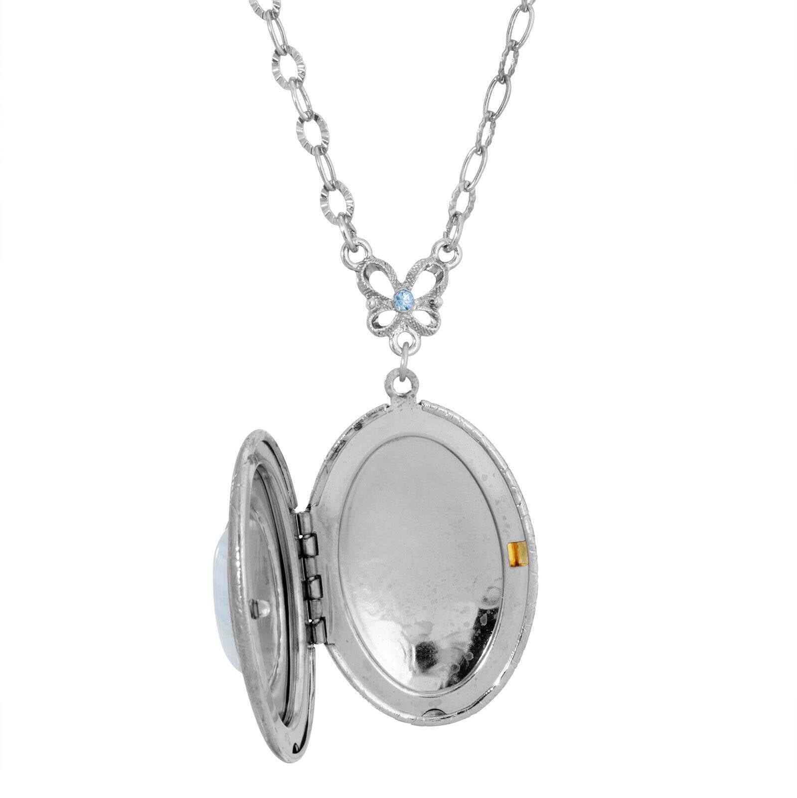 1928 Jewelry Oval Blue Lace Agate Gemstone Locket Necklace 26"