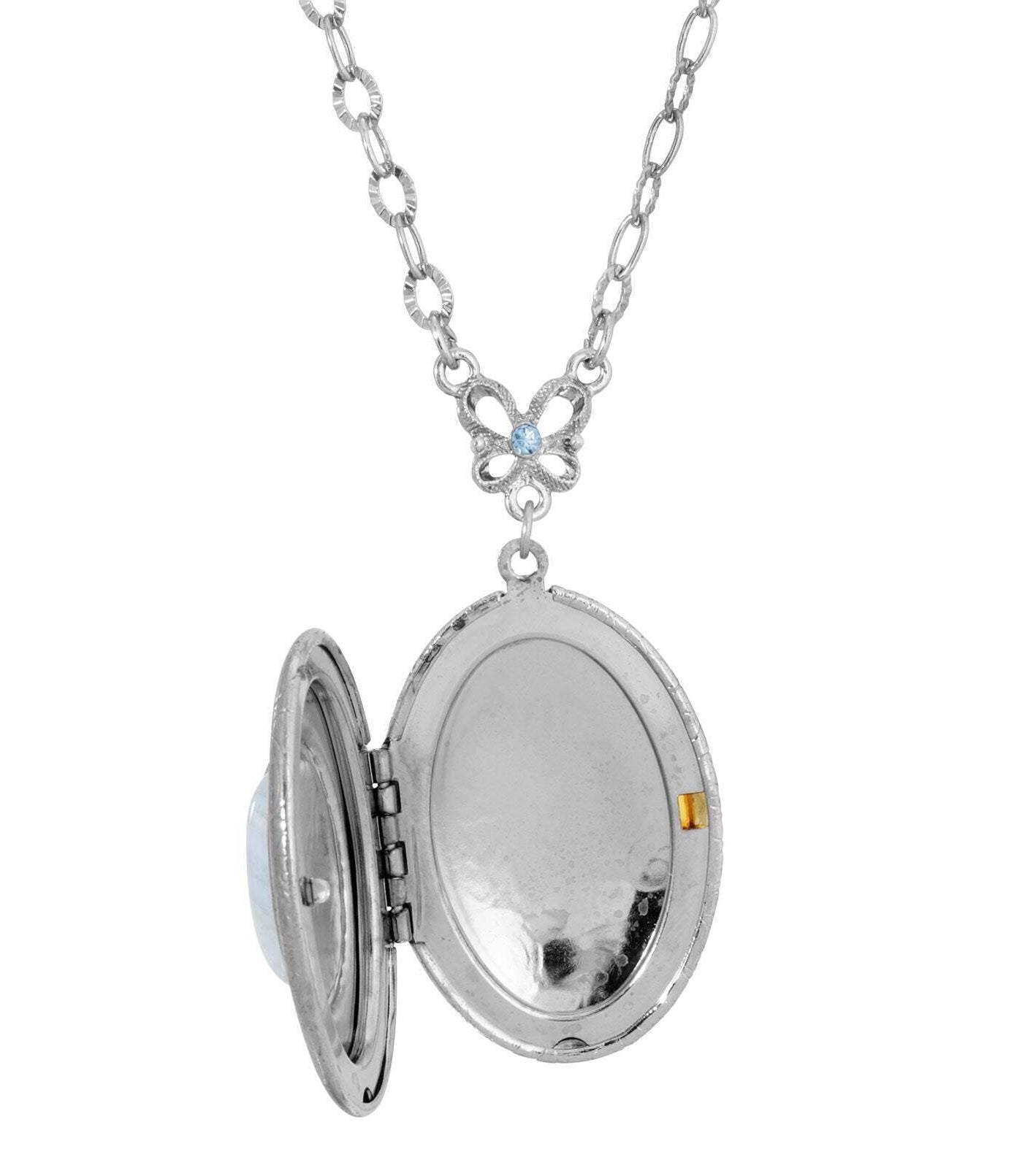 1928 Jewelry Oval Blue Lace Agate Gemstone Locket Necklace 26"