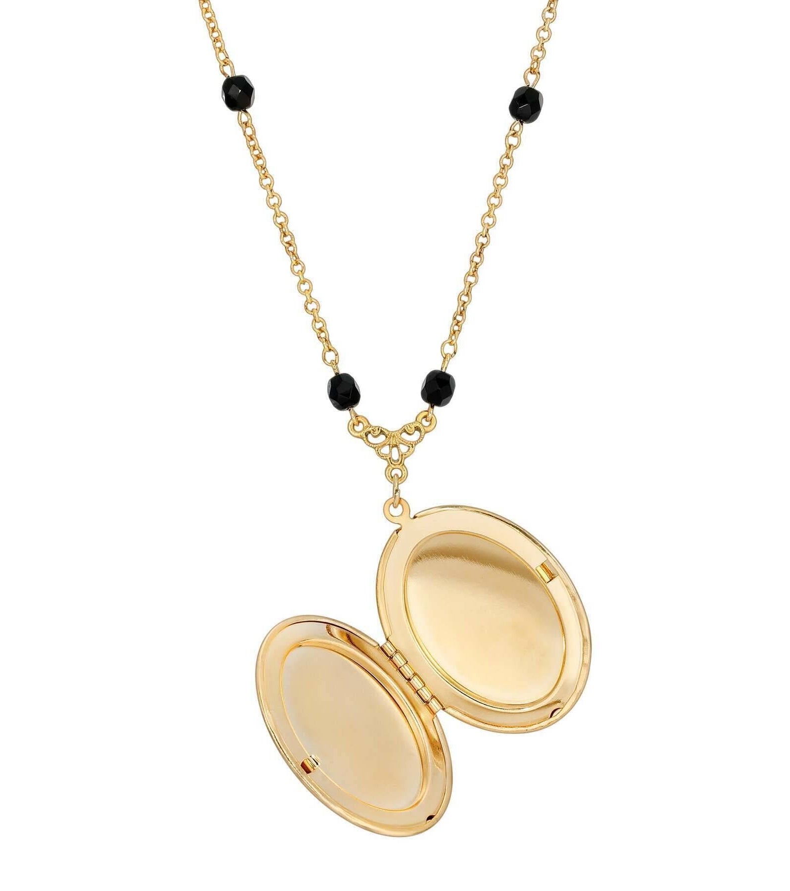 1928 Jewelry Soir̩e Jet Black Oval Stone Locket Necklace 30"