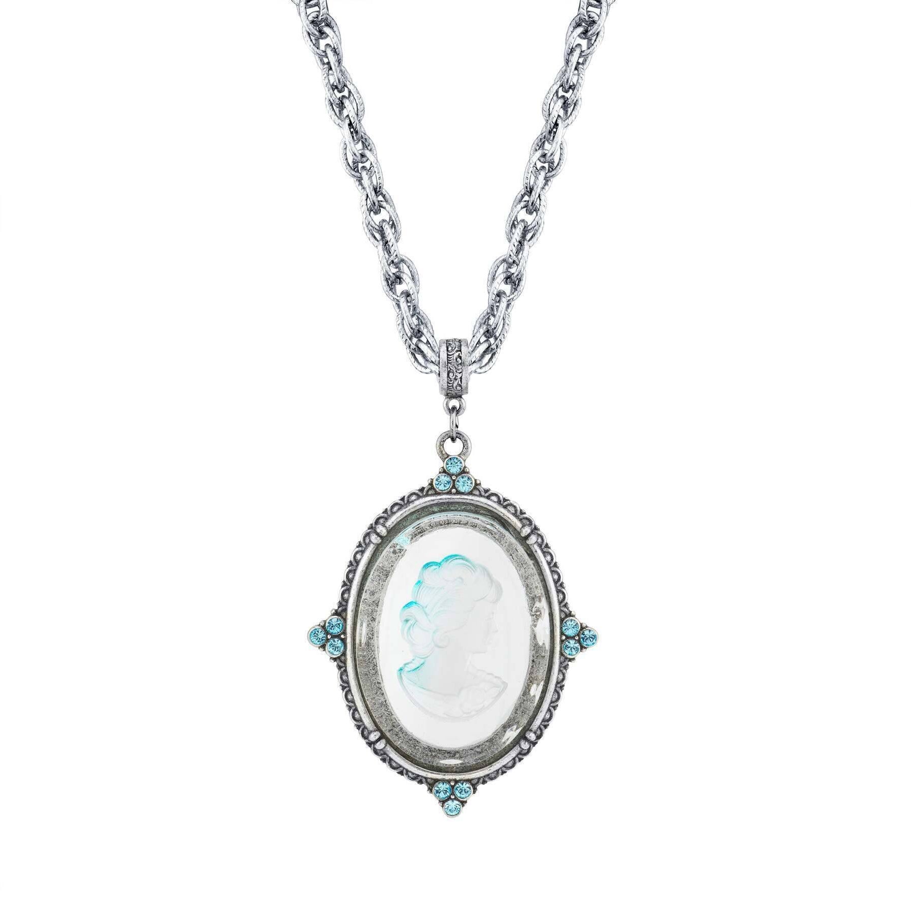 1928 Jewelry Oval Frosted Glass Intaglio Crystal Pendant Necklace 30"