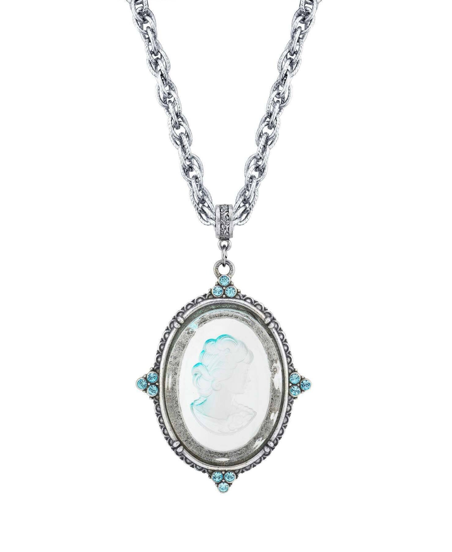 1928 Jewelry Oval Frosted Glass Intaglio Crystal Pendant Necklace 30"