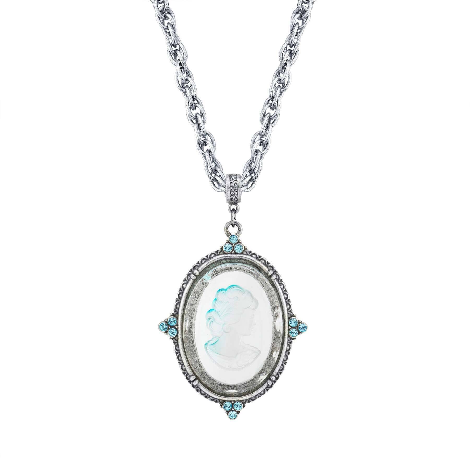 1928 Jewelry Oval Frosted Glass Intaglio Crystal Pendant Necklace 30"