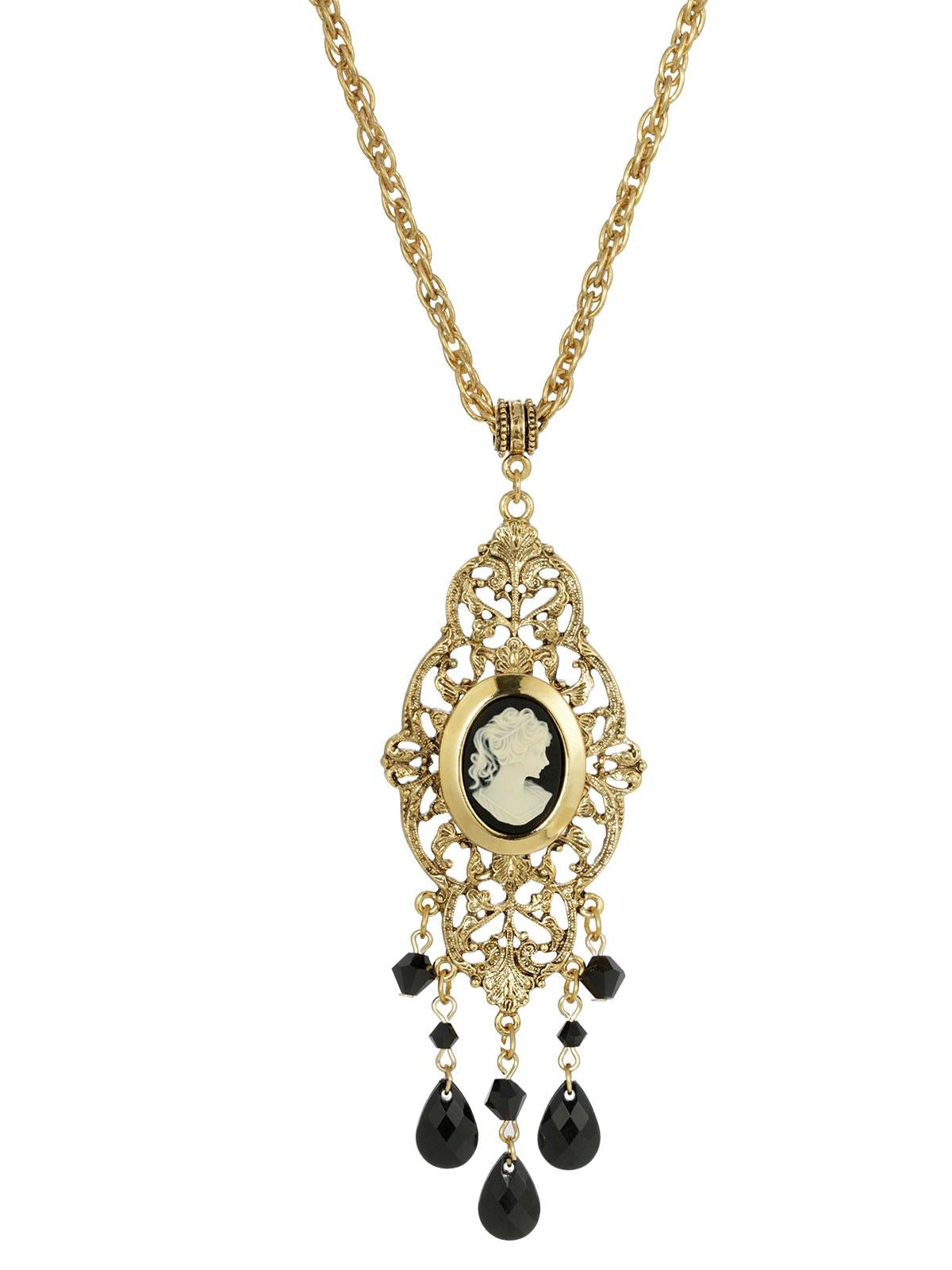 1928 Jewelry Black Oval Cameo Locket Necklace 32"